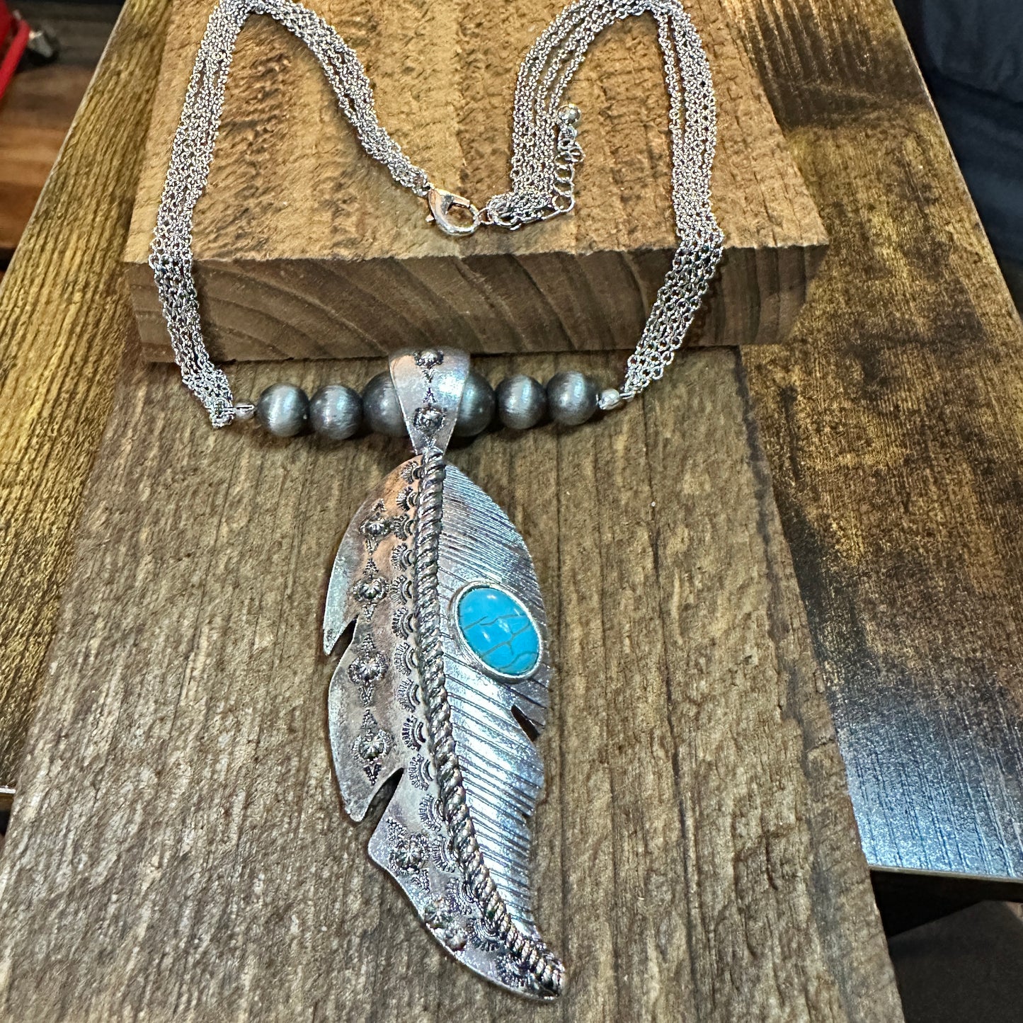 Large Feather Pendant Western Necklace and Earrings Set Silver Elegant