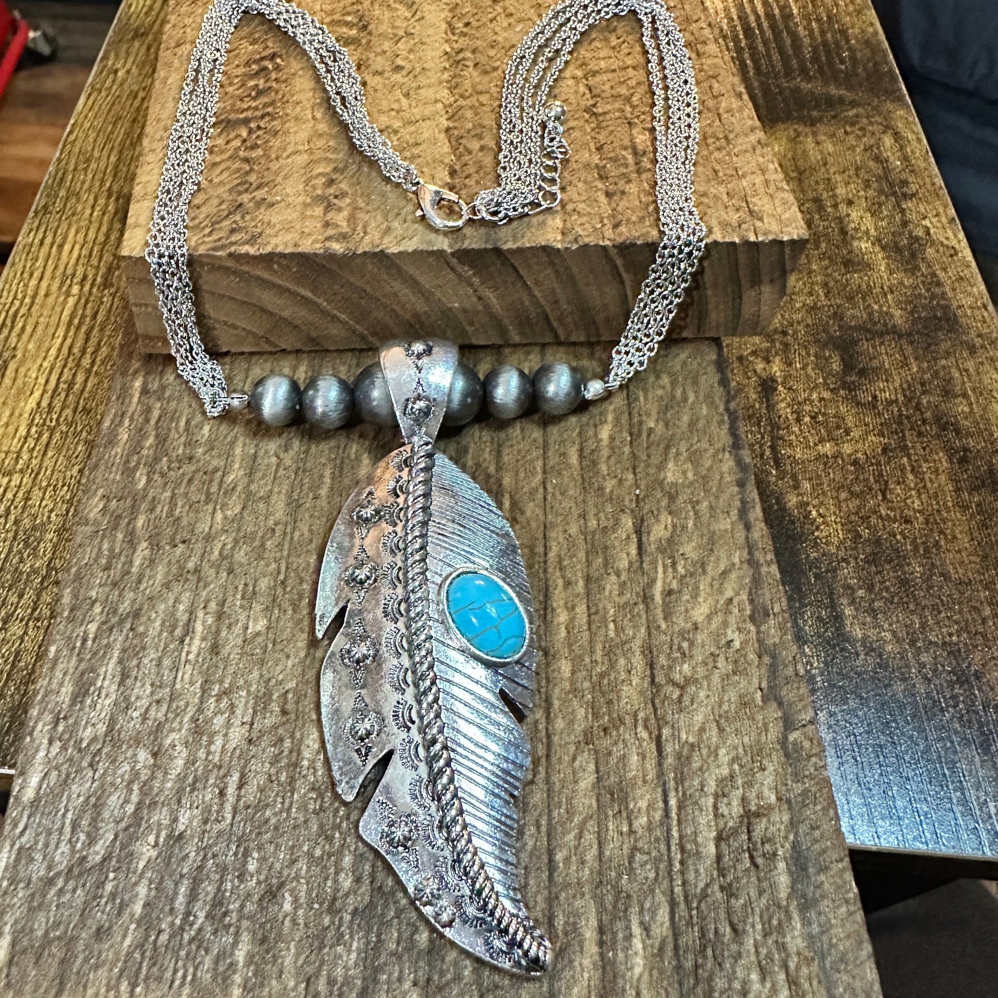Large Feather Pendant Western Necklace and Earrings Set Silver Elegant