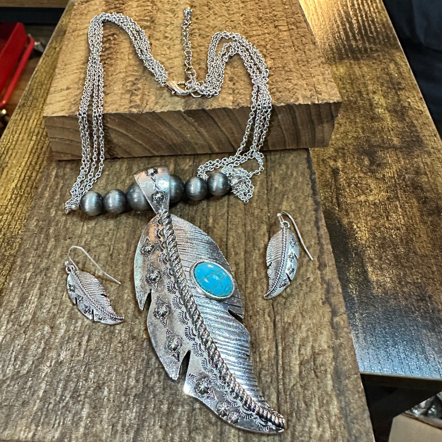 Large Feather Pendant Western Necklace and Earrings Set Silver Elegant