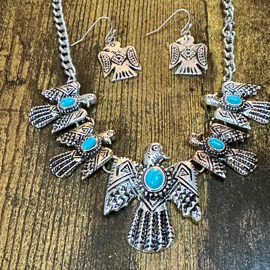 Navajo Thunderbird Necklace and Earrings Set, Tritone Metal Native Silver Elegant