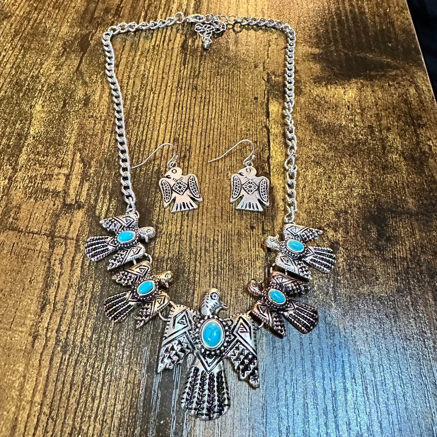 Navajo Thunderbird Necklace and Earrings Set, Tritone Metal Native Silver Elegant