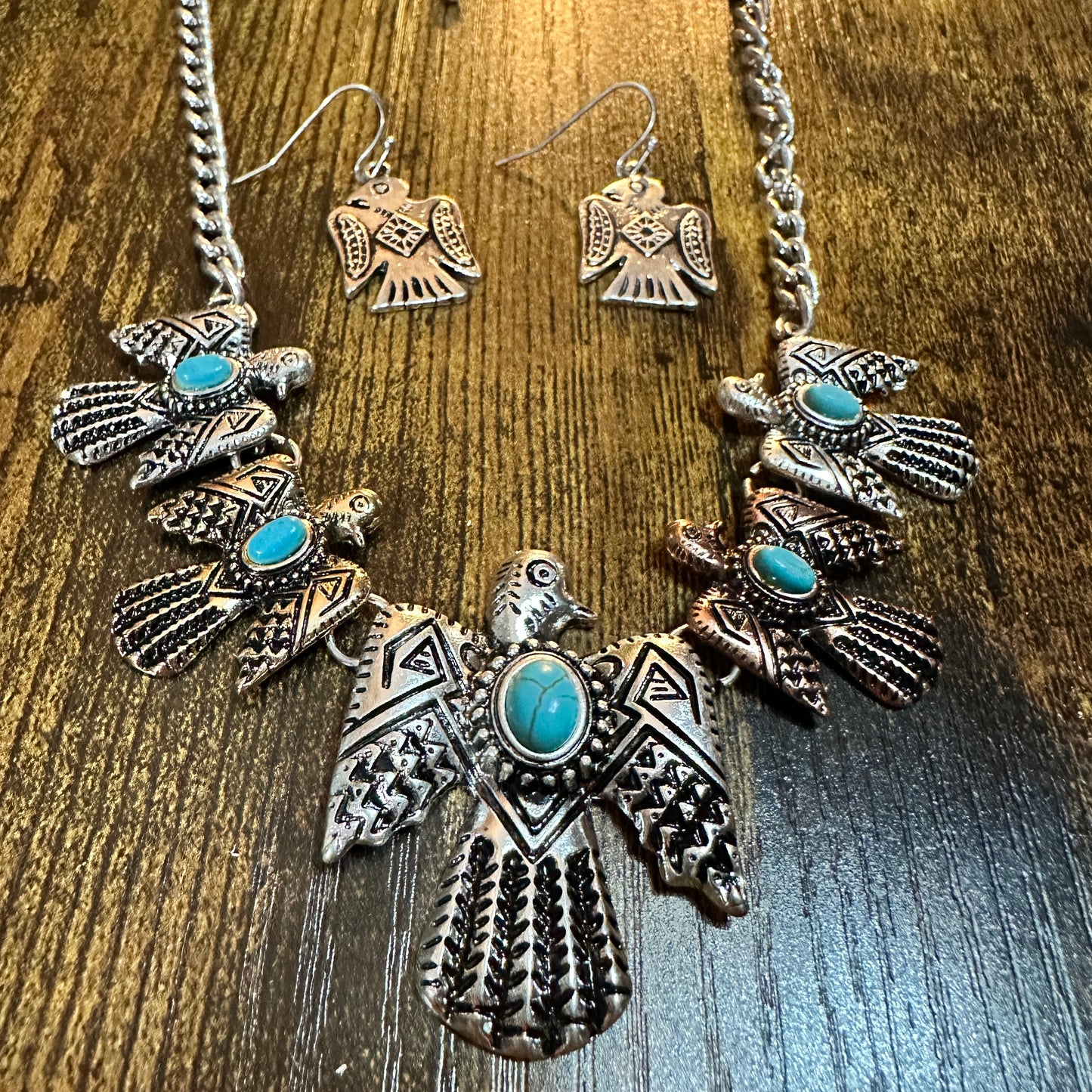 Navajo Thunderbird Necklace and Earrings Set, Tritone Metal Native Silver Elegant