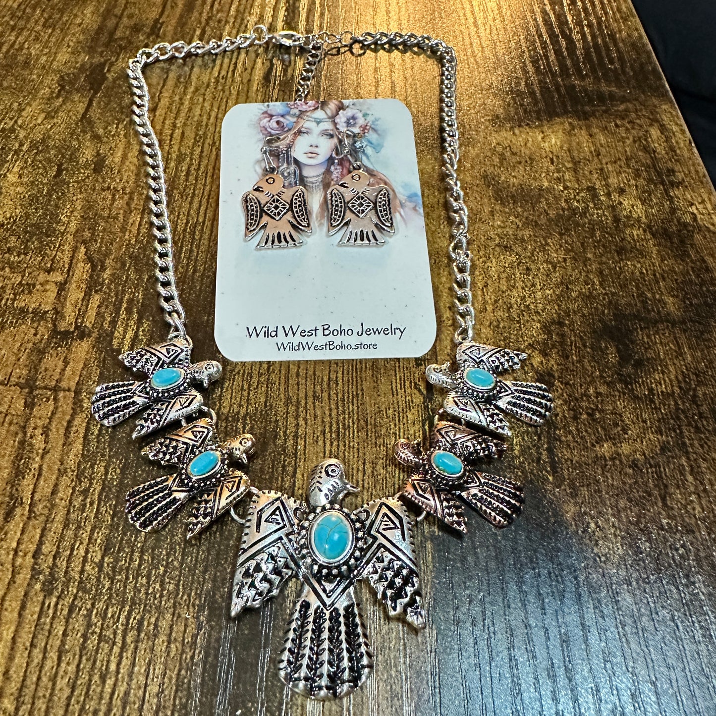Navajo Thunderbird Necklace and Earrings Set, Tritone Metal Native Silver Elegant