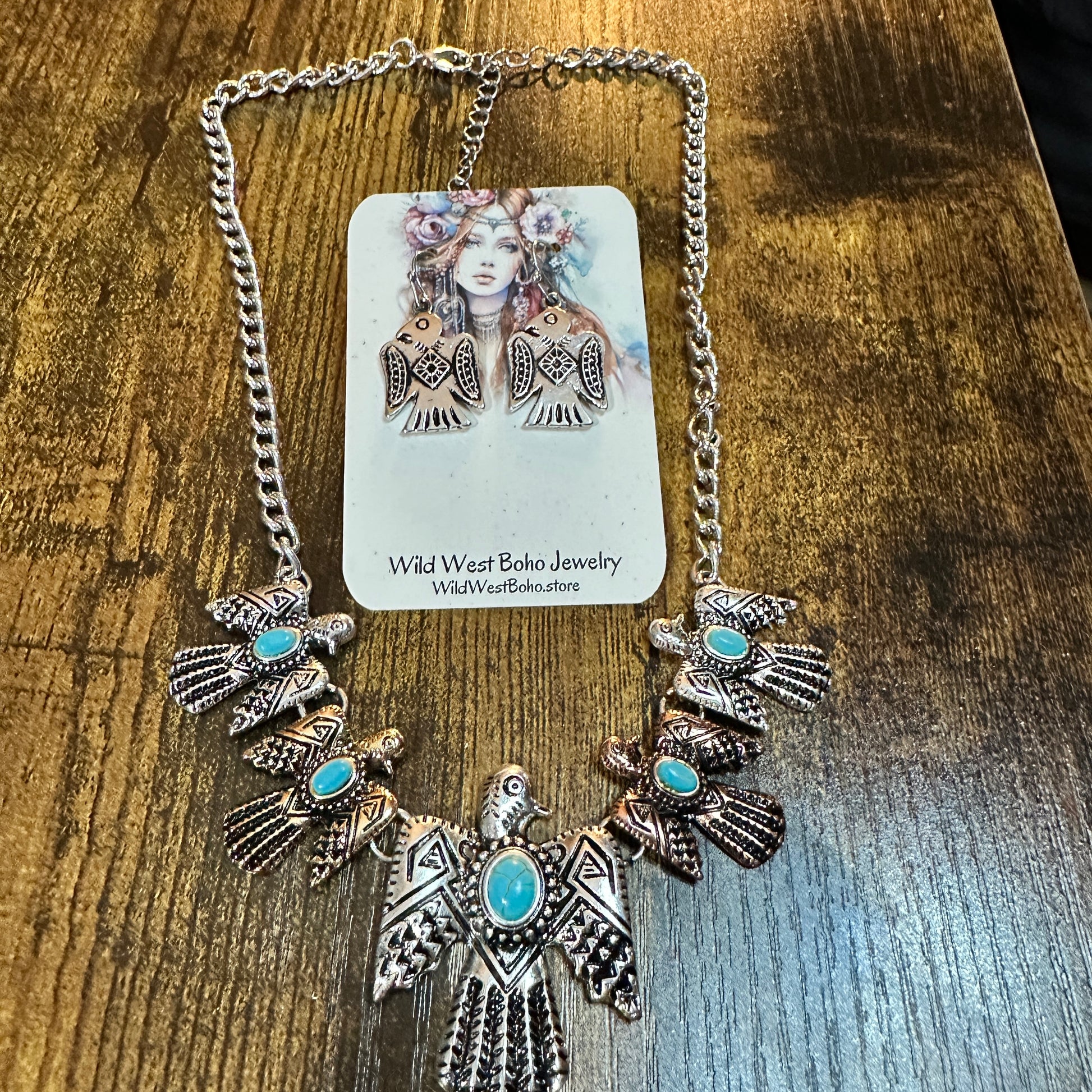 Turquoise Feather Southwestern Boho Multi Necklace and Earrings Set Silver Elegant