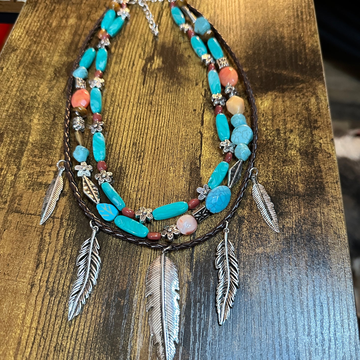 Turquoise Feather Southwestern Boho Multi Necklace and Earrings Set Silver Elegant