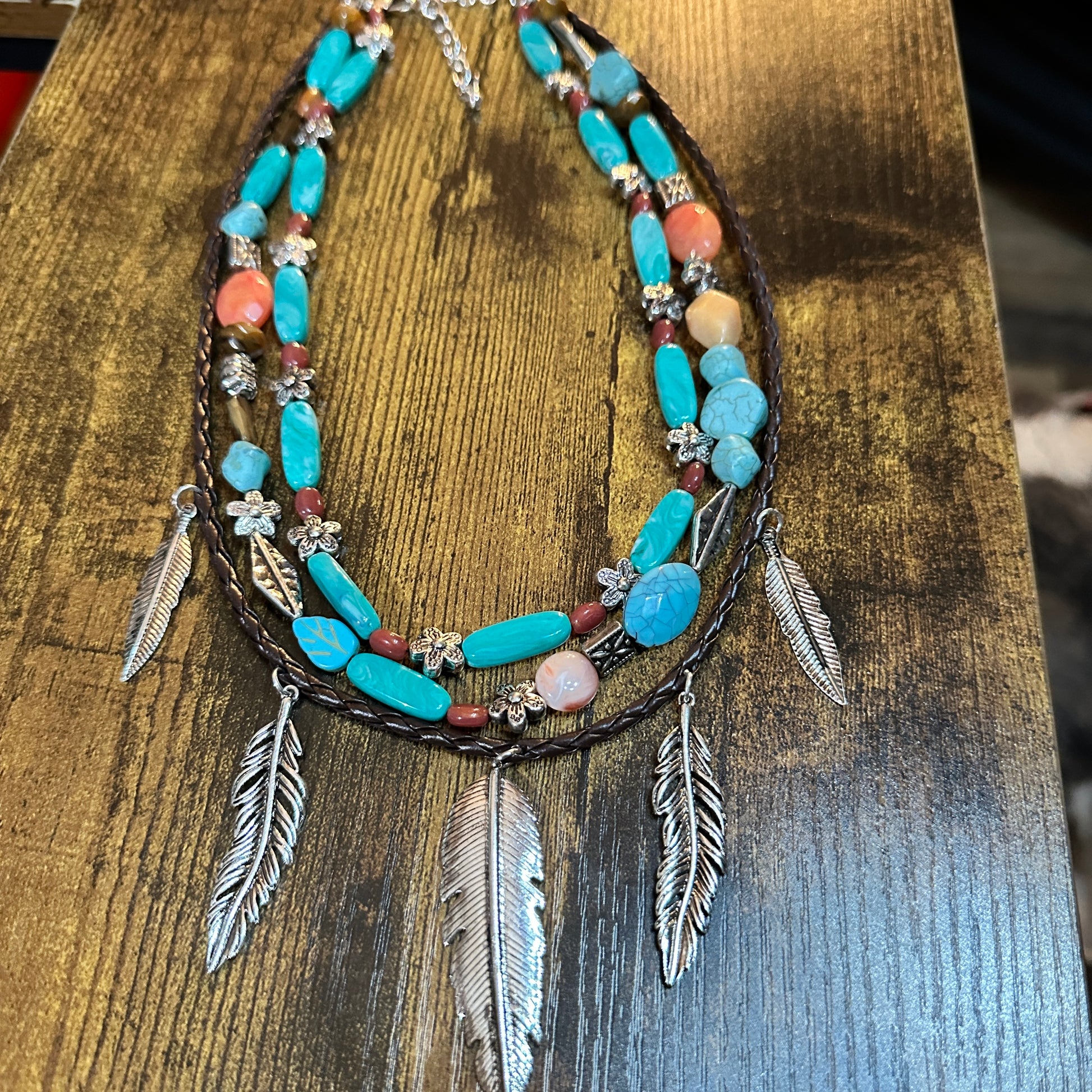 Turquoise Feather Southwestern Boho Multi Necklace and Earrings Set Silver Elegant