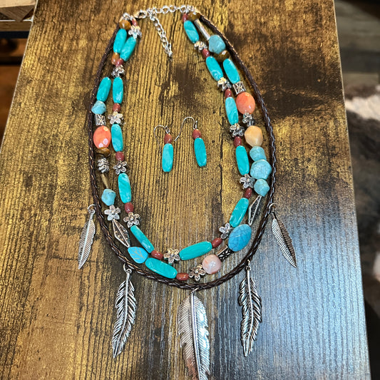 Turquoise Feather Southwestern Boho Multi Necklace and Earrings Set Silver Elegant