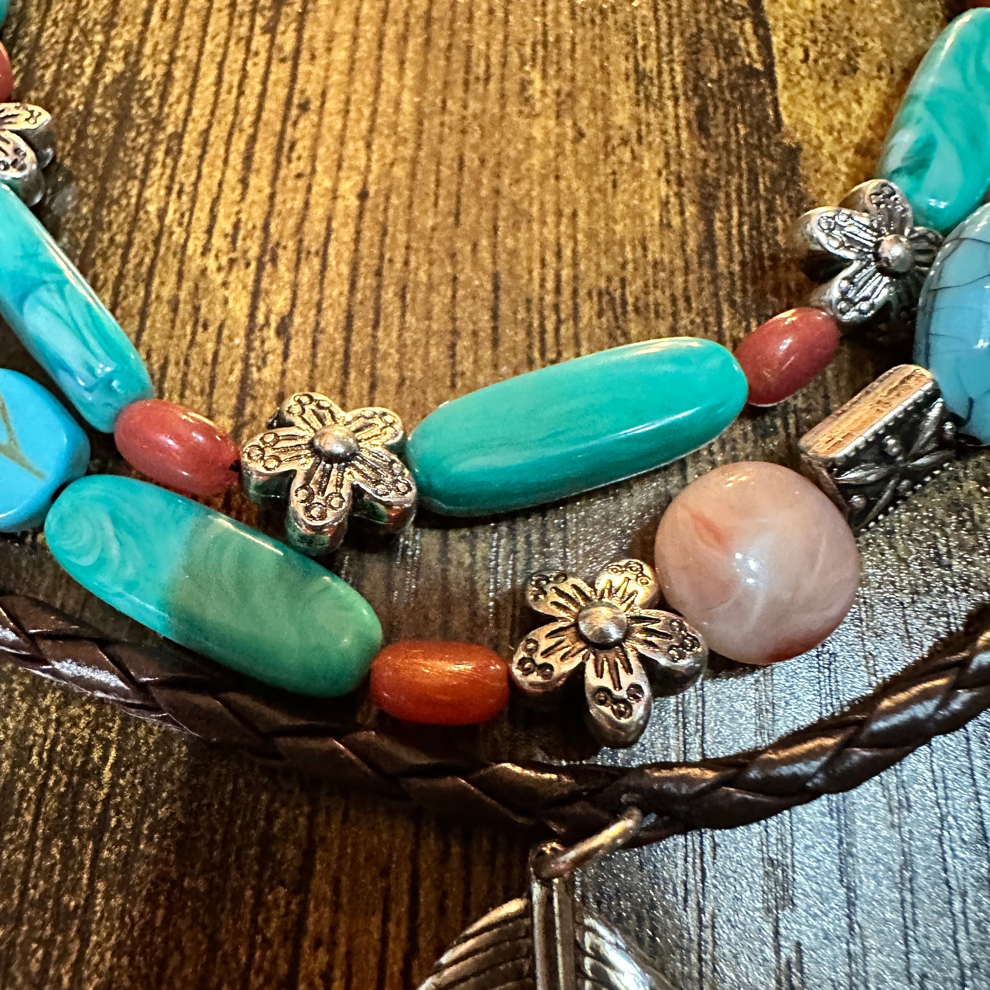 Turquoise Feather Southwestern Boho Multi Necklace and Earrings Set Silver Elegant