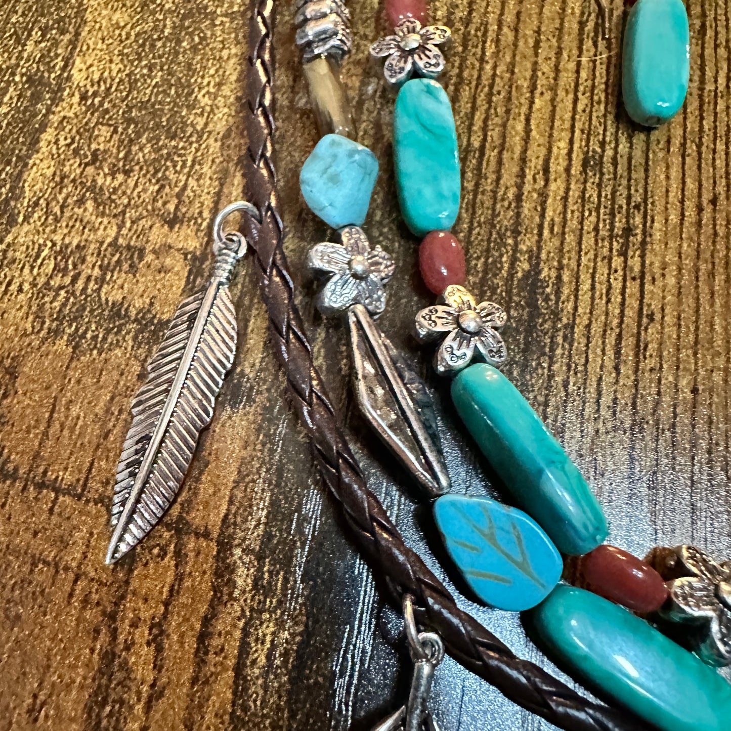 Turquoise Feather Southwestern Boho Multi Necklace and Earrings Set Silver Elegant