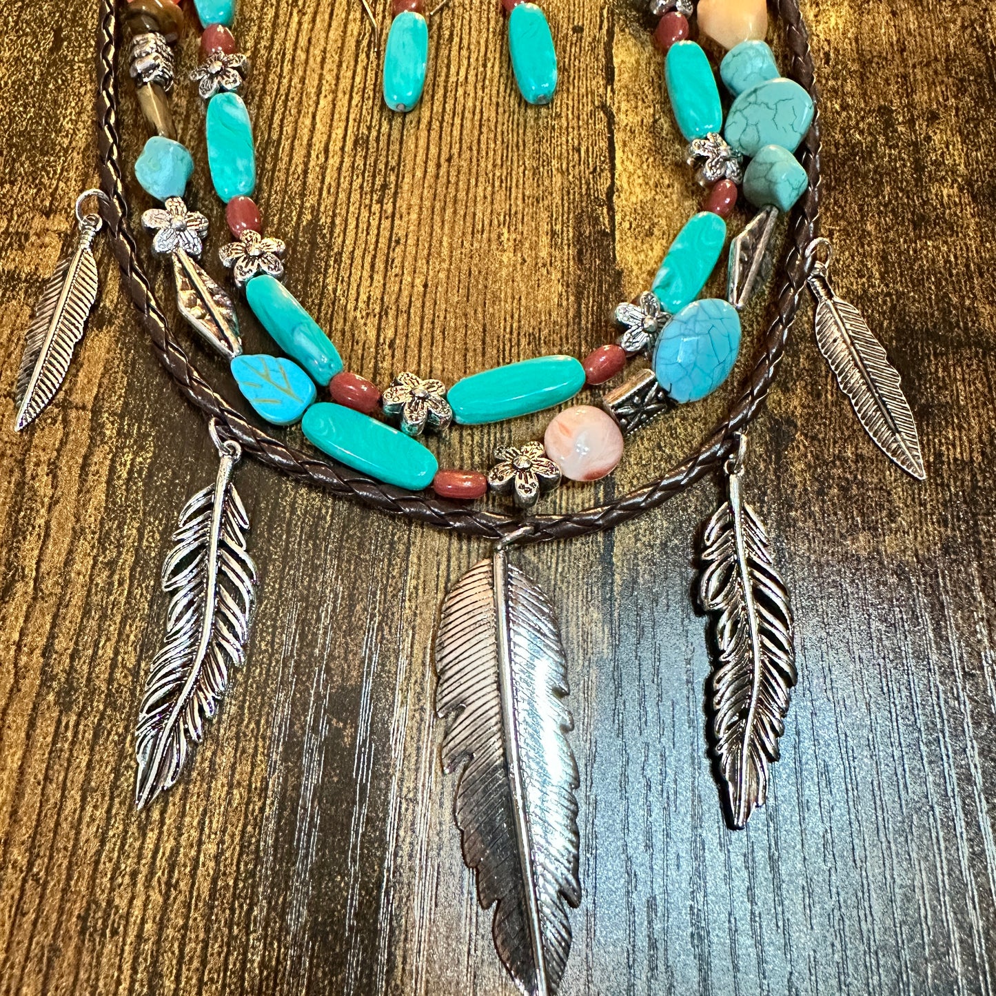 Turquoise Feather Southwestern Boho Multi Necklace and Earrings Set Silver Elegant