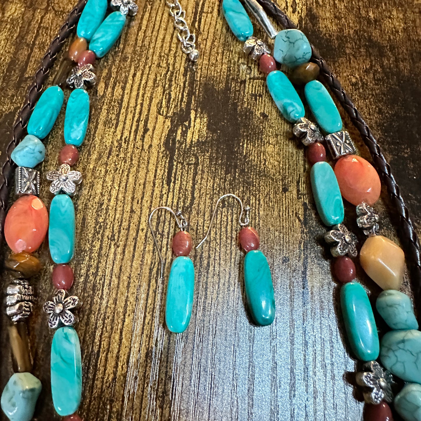 Turquoise Feather Southwestern Boho Multi Necklace and Earrings Set Silver Elegant