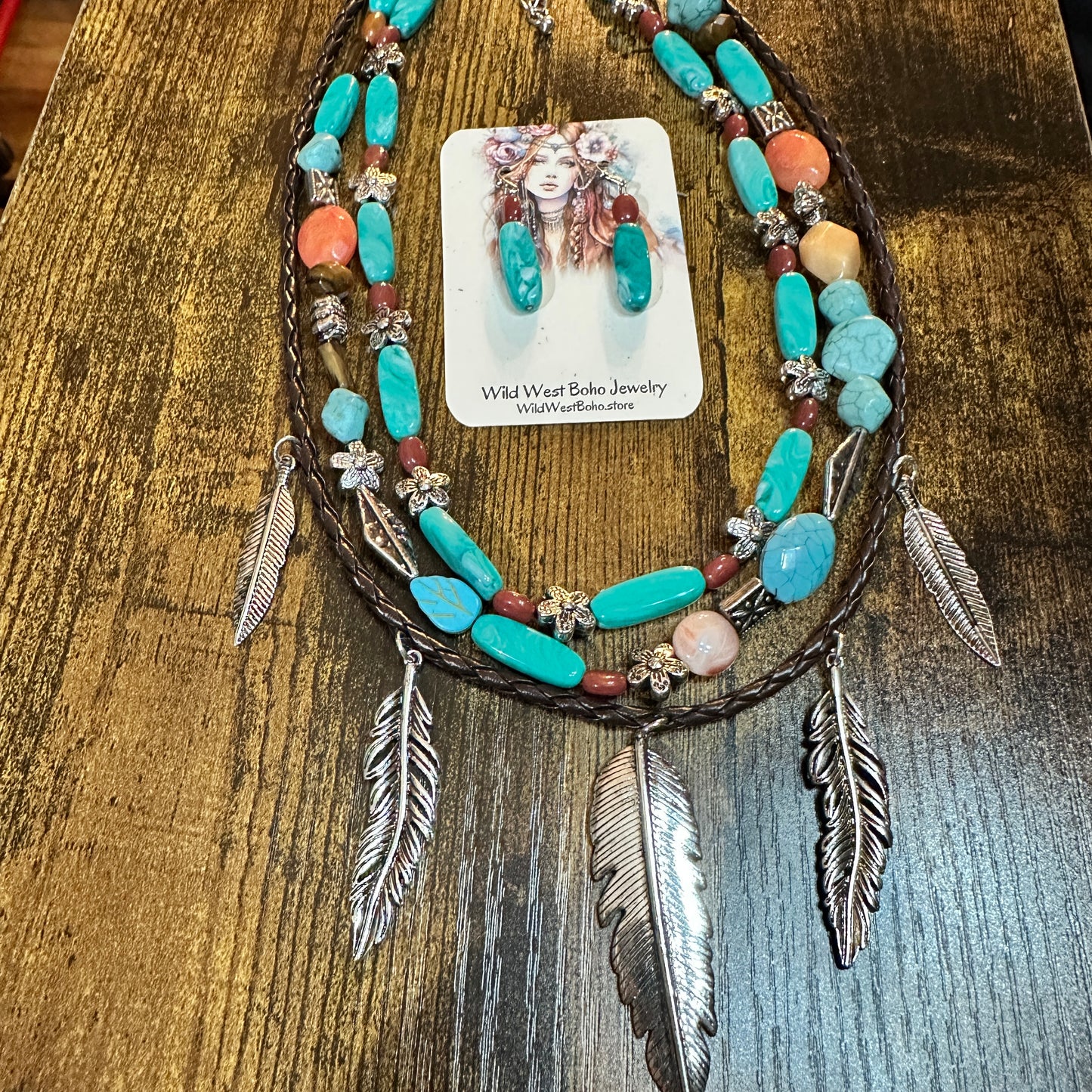 Turquoise Feather Southwestern Boho Multi Necklace and Earrings Set Silver Elegant