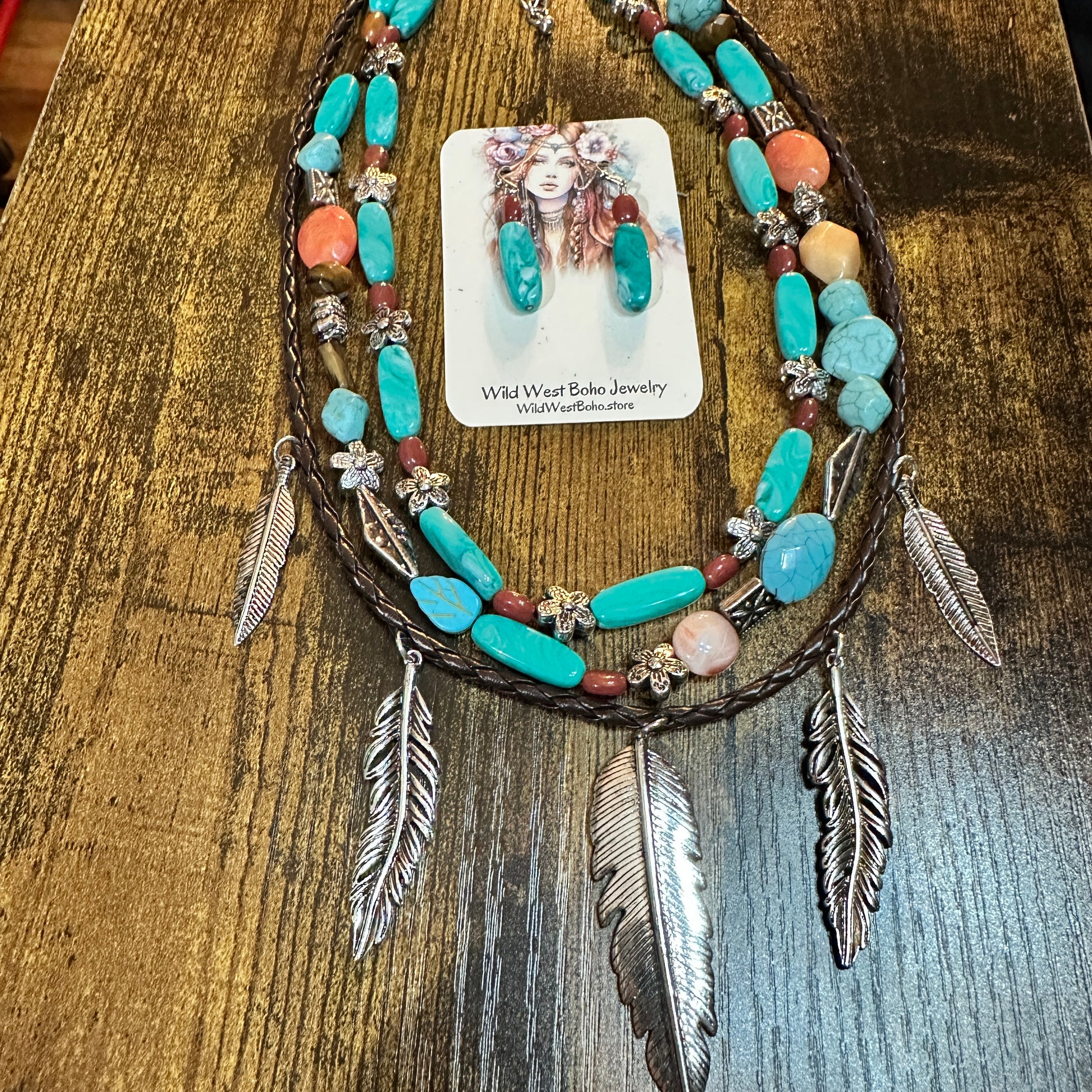Turquoise Feather Southwestern Boho Multi Necklace and Earrings Set Silver Elegant