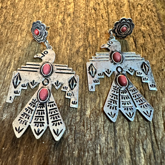 Metal Native Thunderbird Post Dangle Earrings in Red Silver Elegant