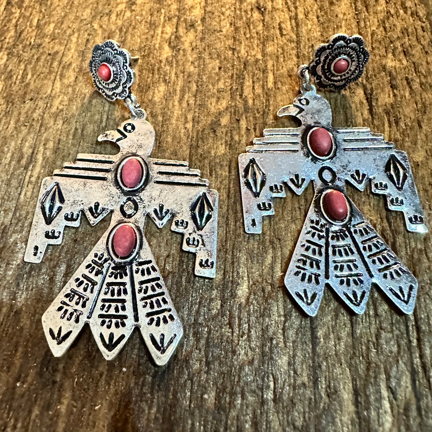 Metal Native Thunderbird Post Dangle Earrings in Red Silver Elegant