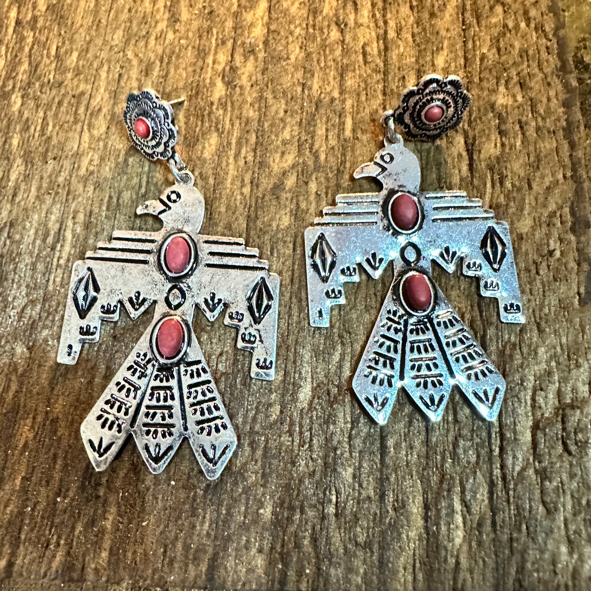 Metal Native Thunderbird Post Dangle Earrings in Red Silver Elegant