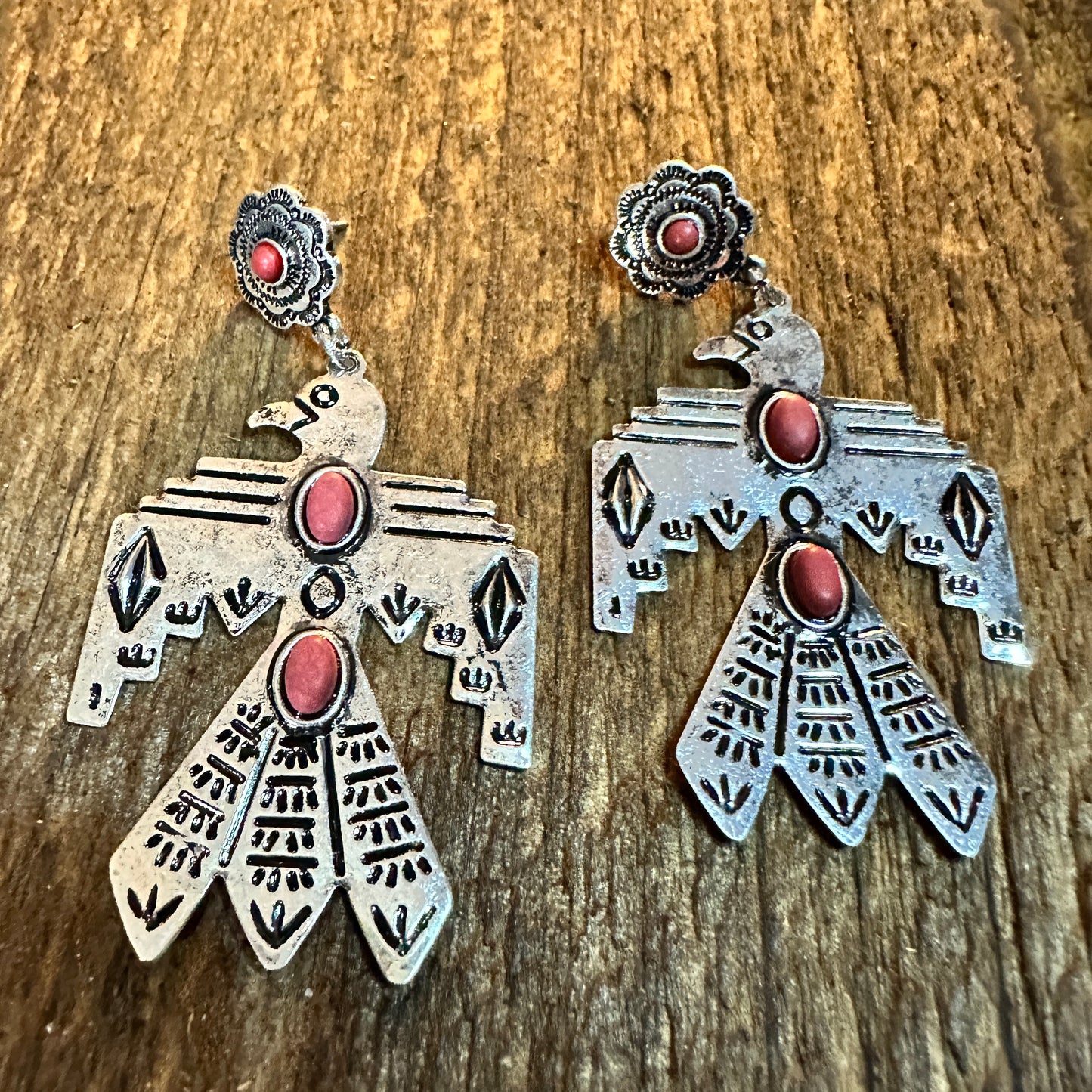 Metal Native Thunderbird Post Dangle Earrings in Red Silver Elegant