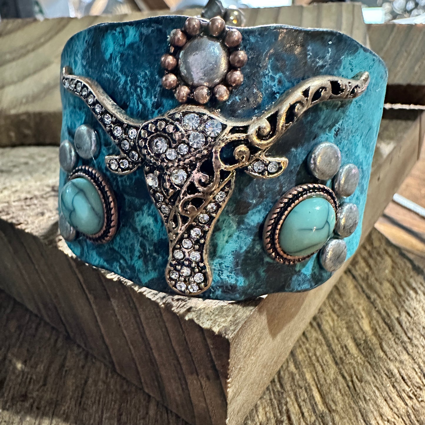 Longhorn Turquoise Western Bracelet Cuff with Vintage Patina Finish Silver Elegant