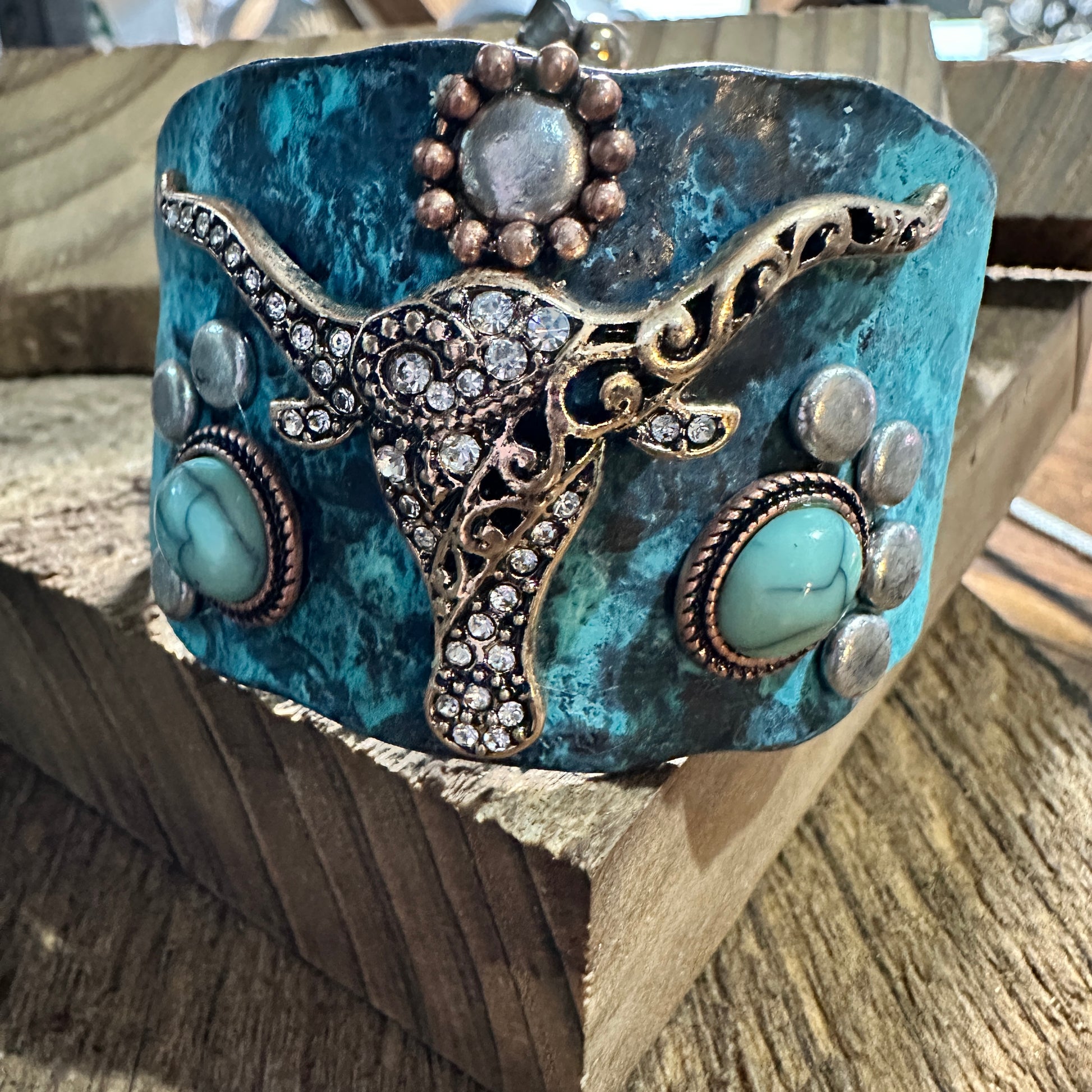 Longhorn Turquoise Western Bracelet Cuff with Vintage Patina Finish Silver Elegant