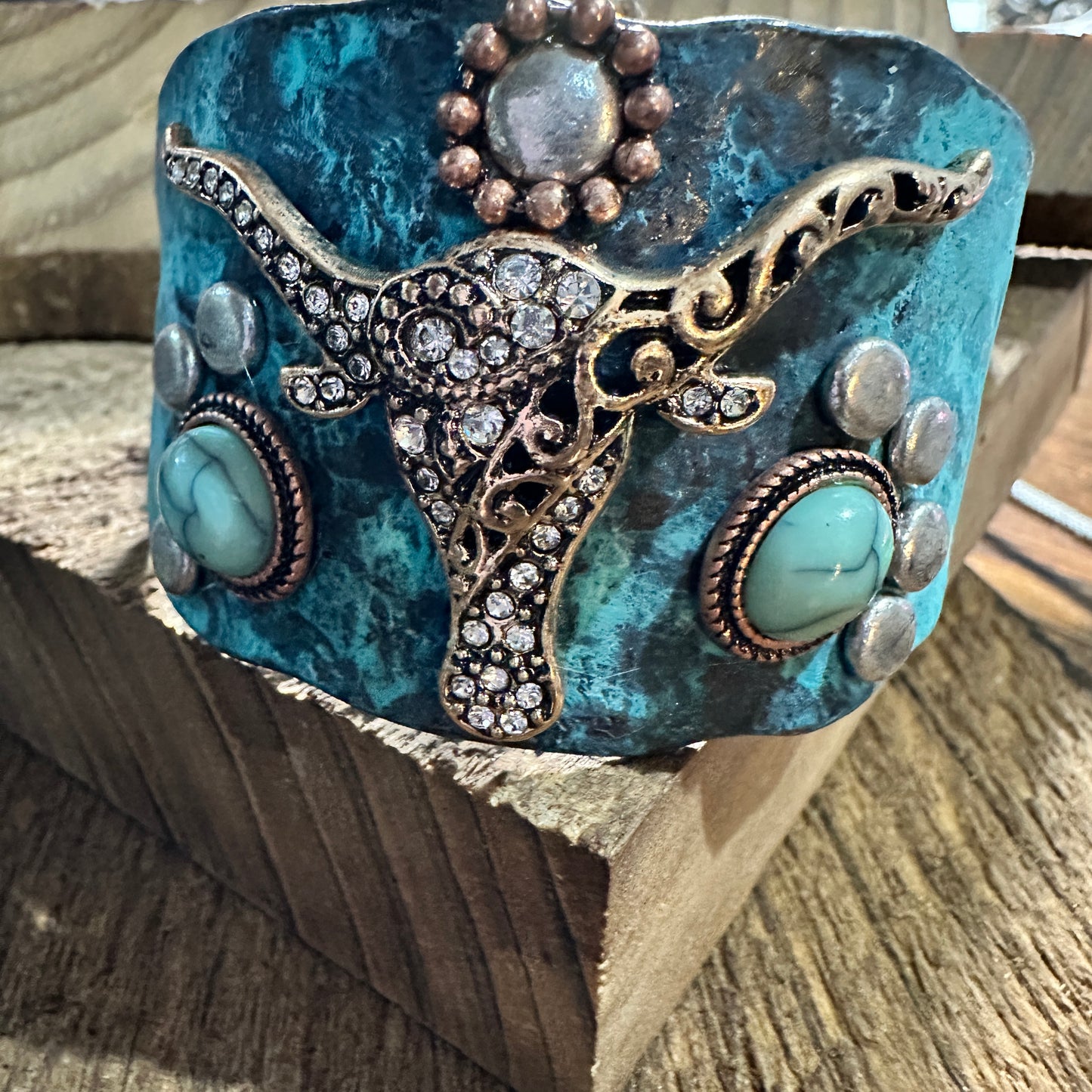 Longhorn Turquoise Western Bracelet Cuff with Vintage Patina Finish Silver Elegant