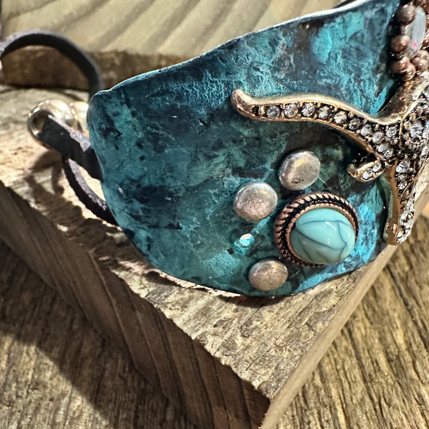 Longhorn Turquoise Western Bracelet Cuff with Vintage Patina Finish Silver Elegant