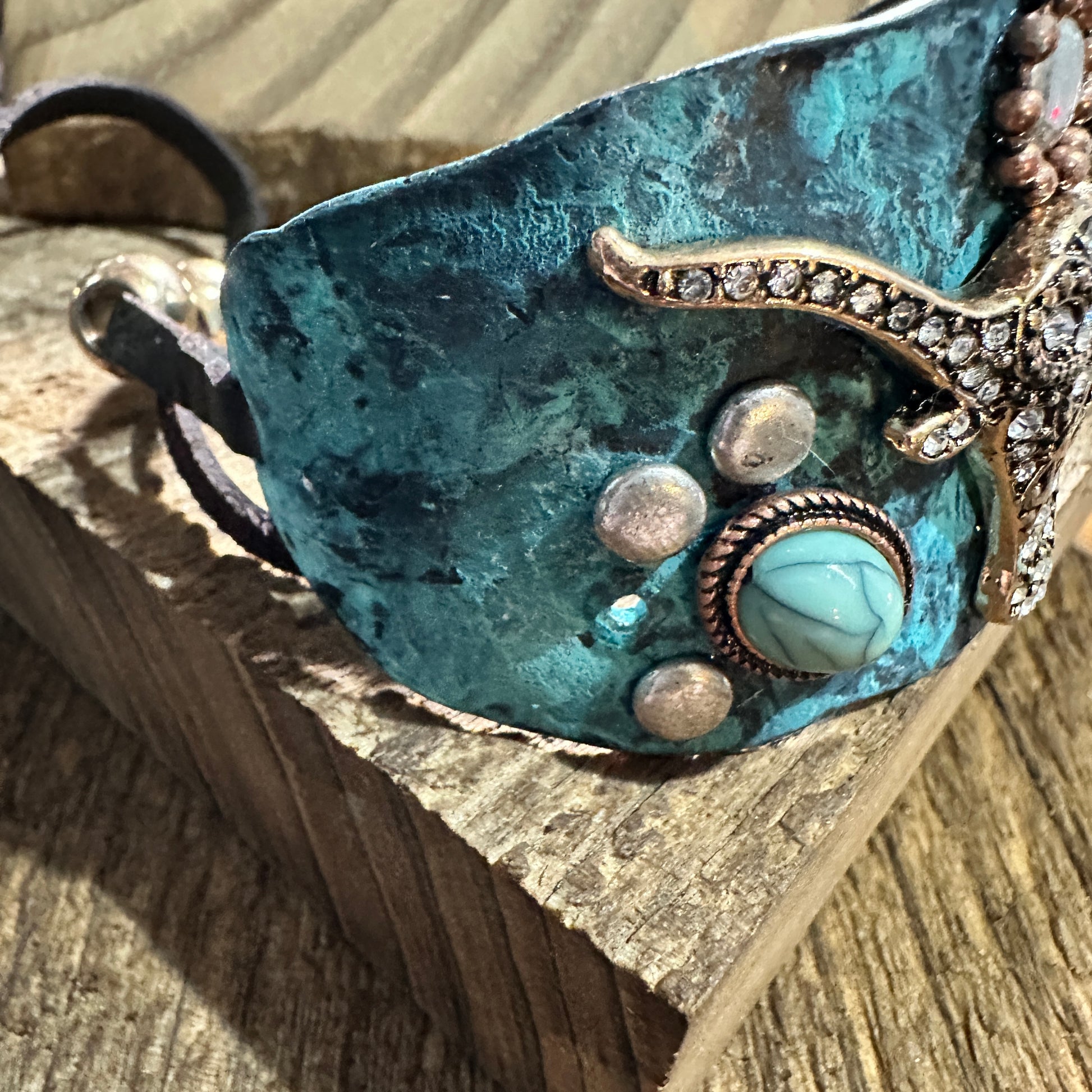 Longhorn Turquoise Western Bracelet Cuff with Vintage Patina Finish Silver Elegant