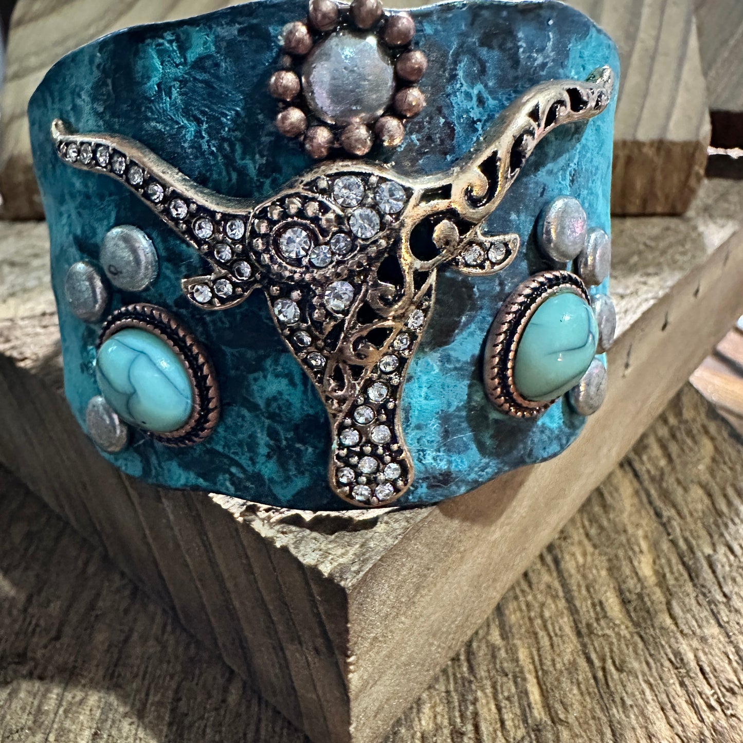 Longhorn Turquoise Western Bracelet Cuff with Vintage Patina Finish Silver Elegant