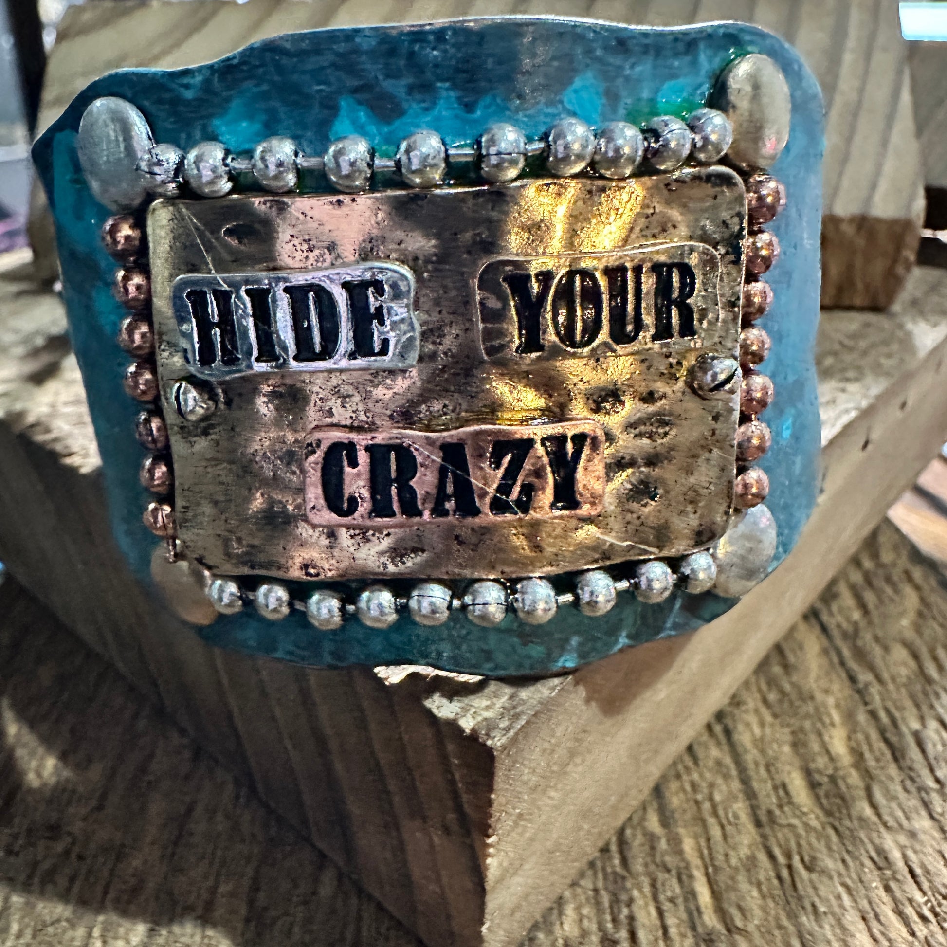 Hide Your Crazy Patina Western Bracelet Cuff with Adjustable Leather Strap WildWestBoho