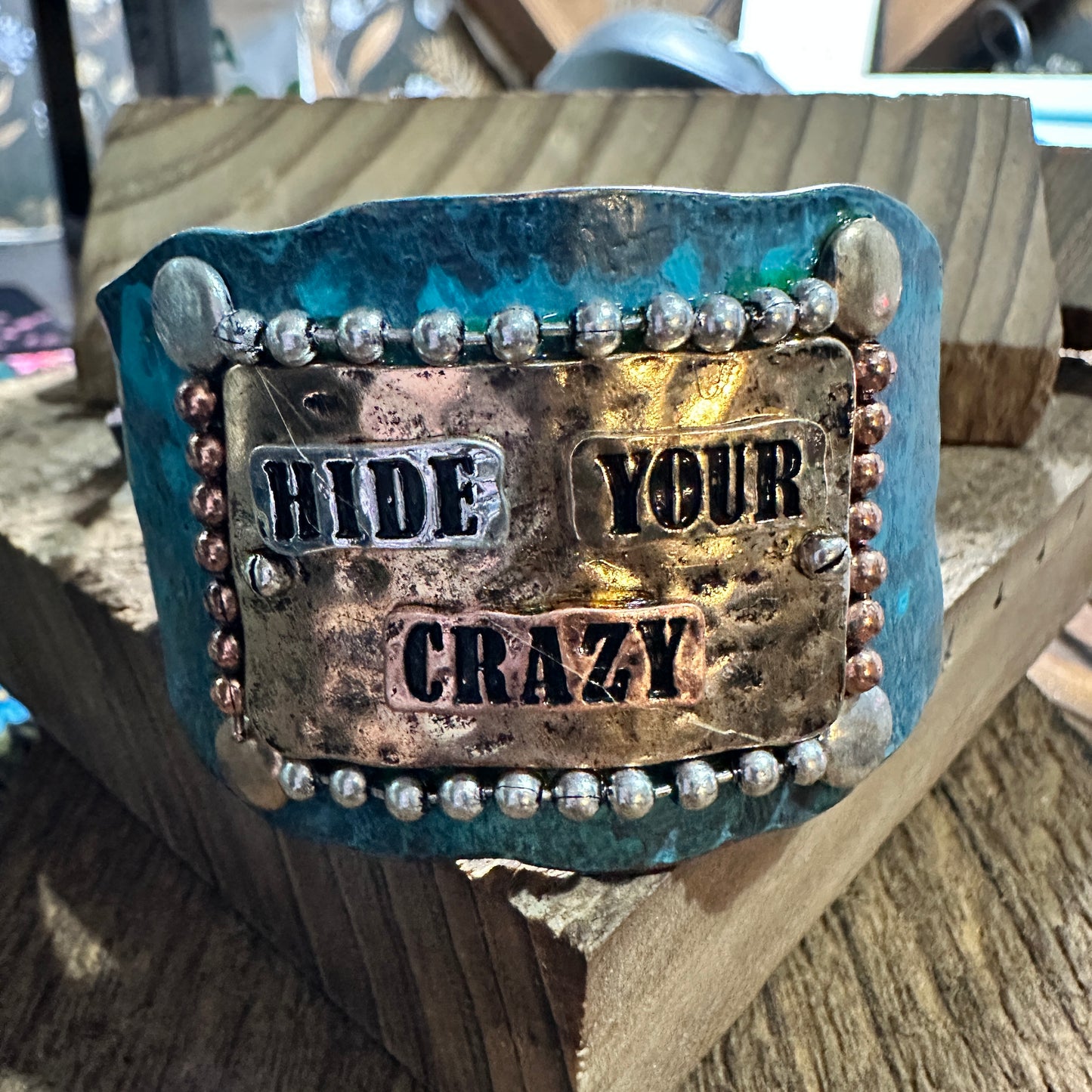 Hide Your Crazy Patina Western Bracelet Cuff with Adjustable Leather Strap WildWestBoho