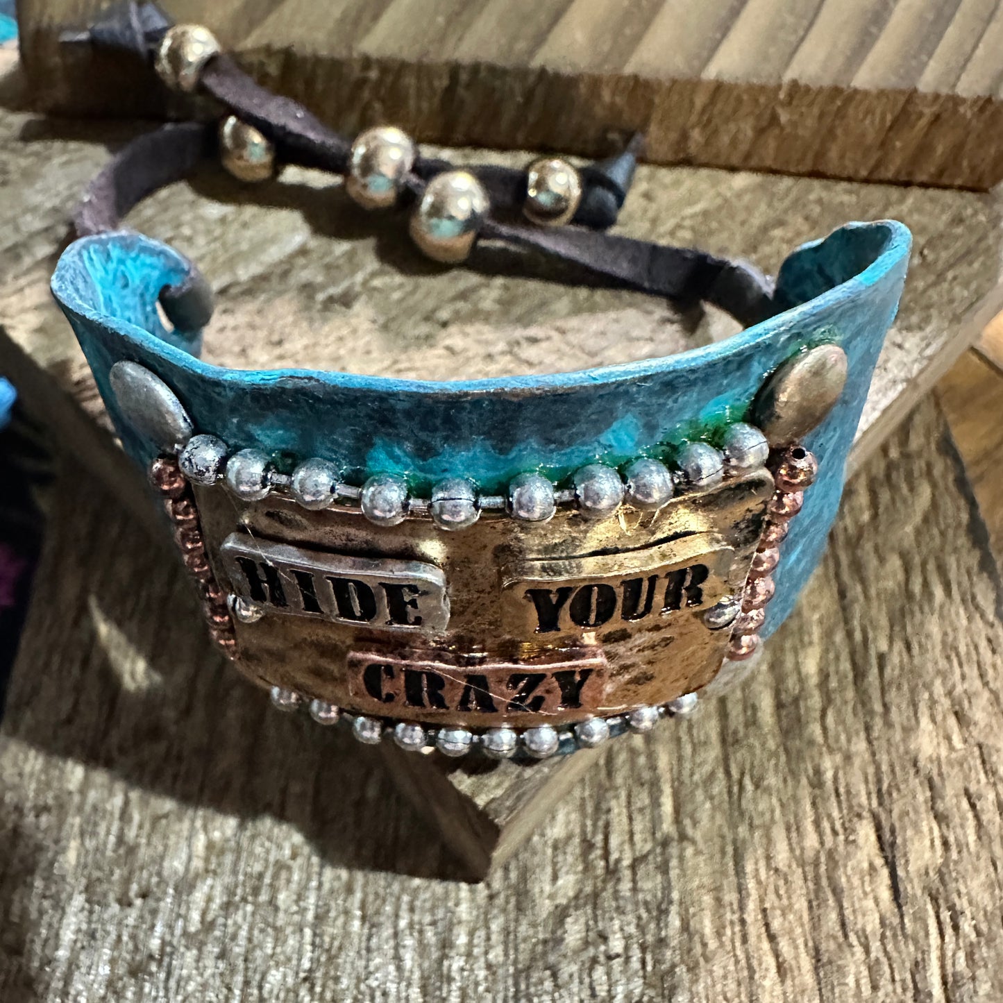 Hide Your Crazy Patina Western Bracelet Cuff with Adjustable Leather Strap WildWestBoho