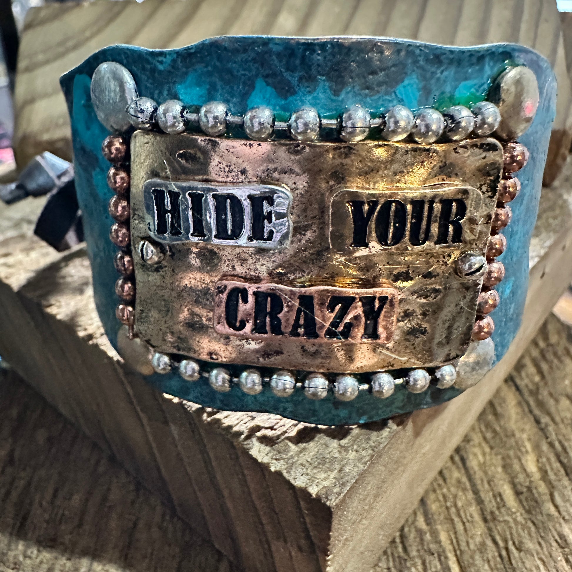 Hide Your Crazy Patina Western Bracelet Cuff with Adjustable Leather Strap WildWestBoho
