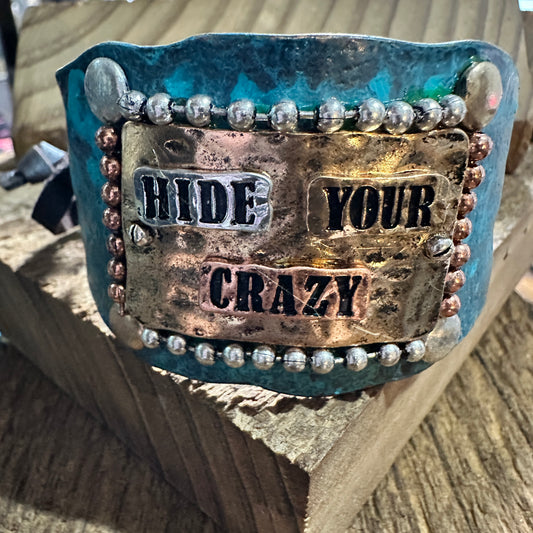 Hide Your Crazy Patina Western Bracelet Cuff with Adjustable Leather Strap WildWestBoho