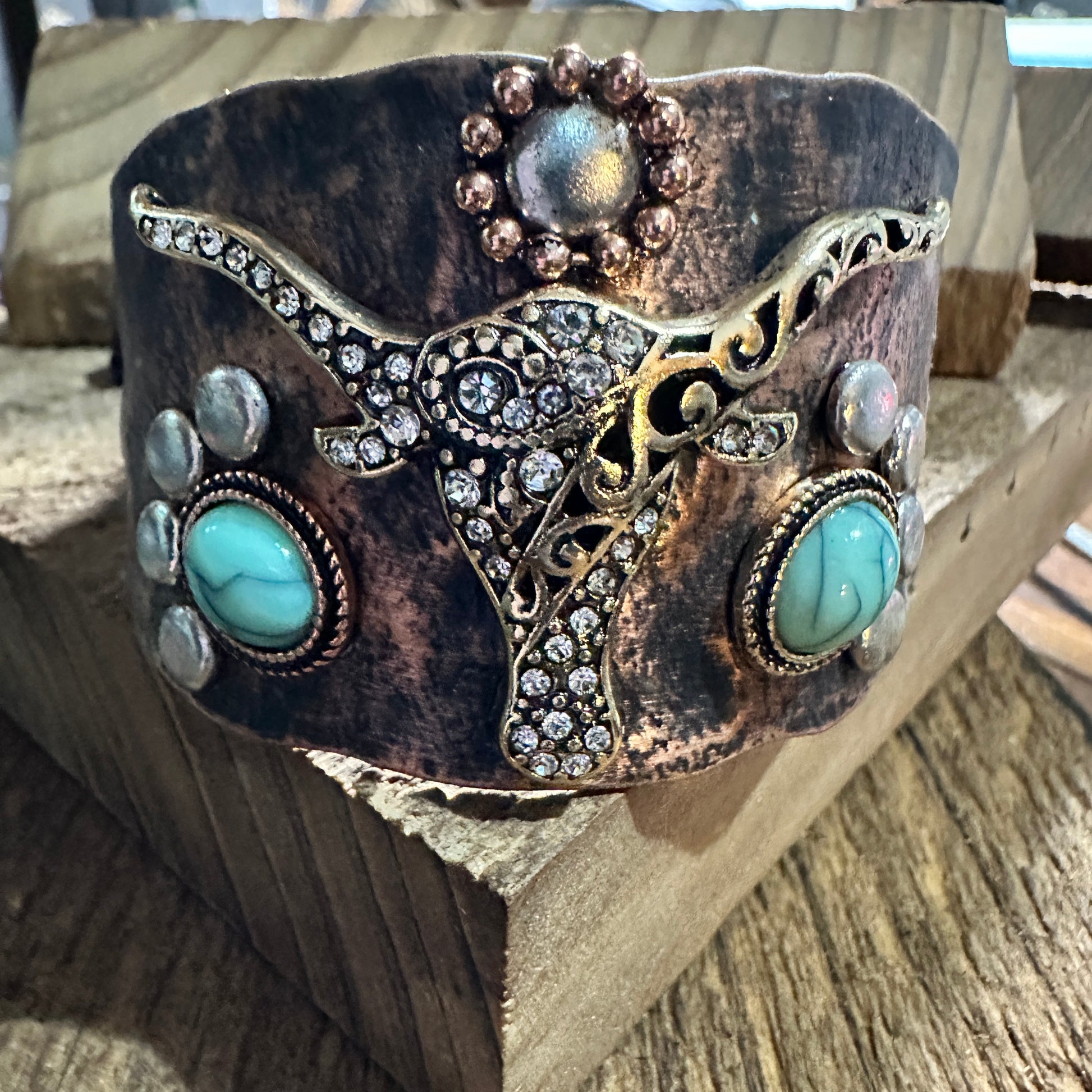 Longhorn Turquoise Western Cuff Bracelet with Adjustable Leather Straps Silver Elegant