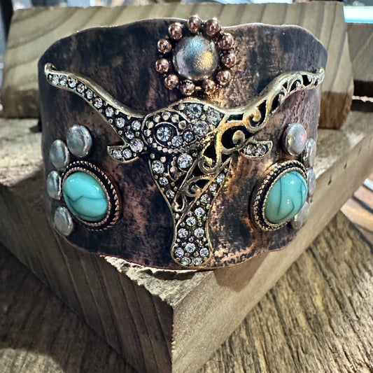 Longhorn Turquoise Western Cuff Bracelet with Adjustable Leather Straps Silver Elegant