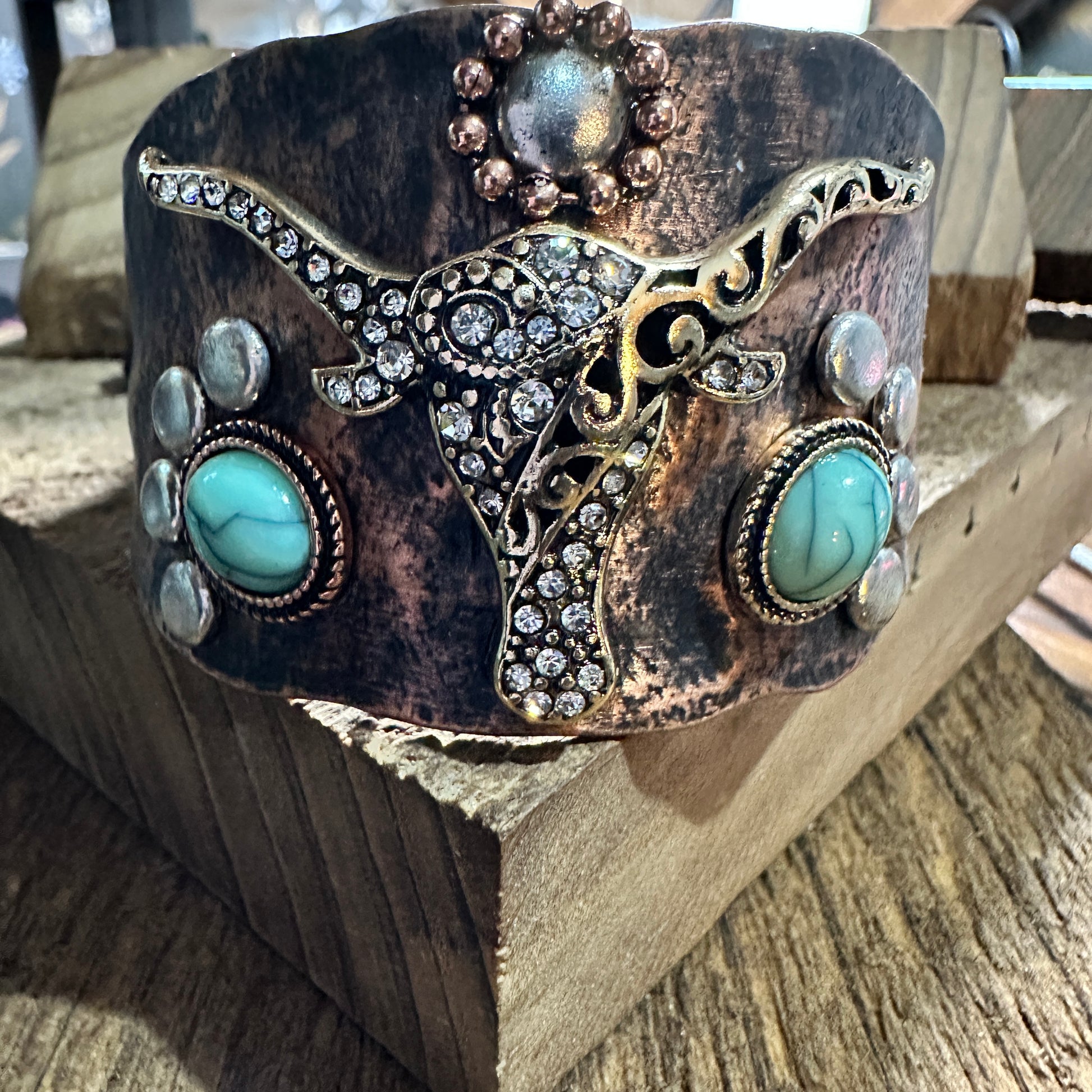 Longhorn Turquoise Western Cuff Bracelet with Adjustable Leather Straps Silver Elegant