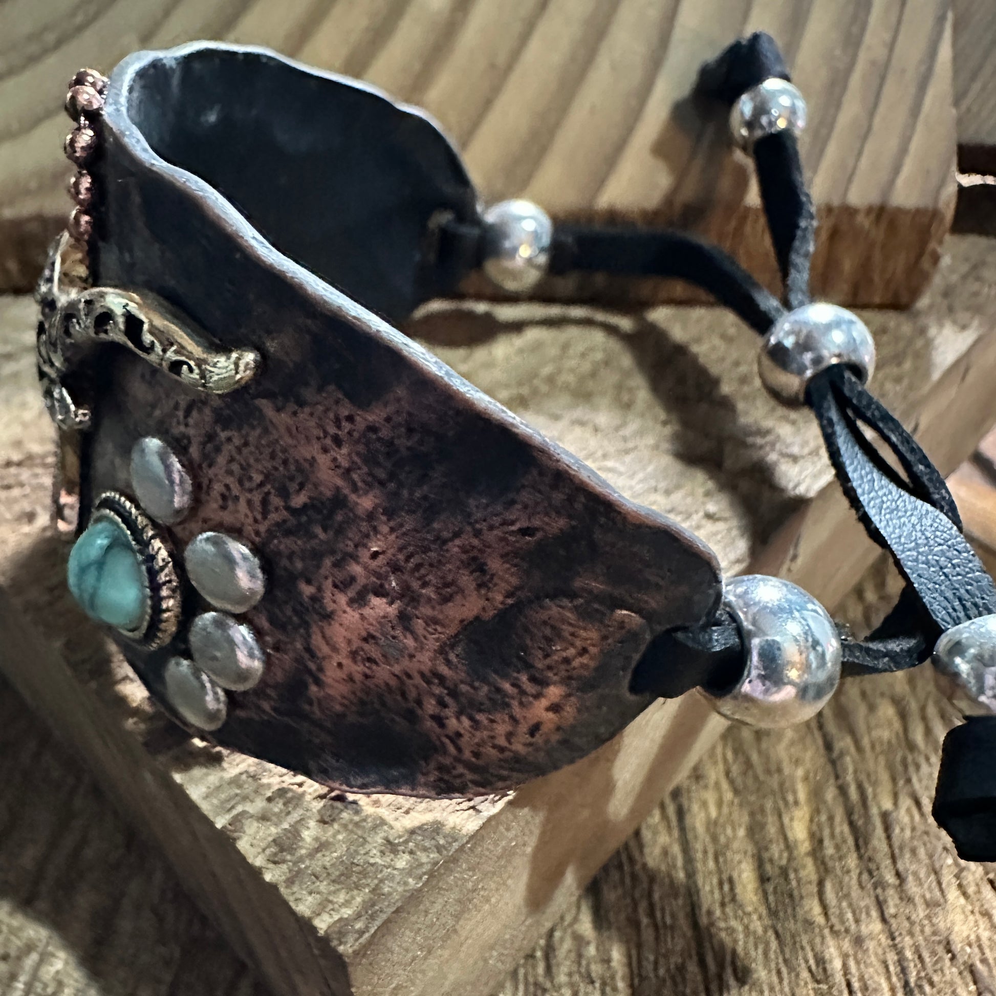 Longhorn Turquoise Western Cuff Bracelet with Adjustable Leather Straps Silver Elegant