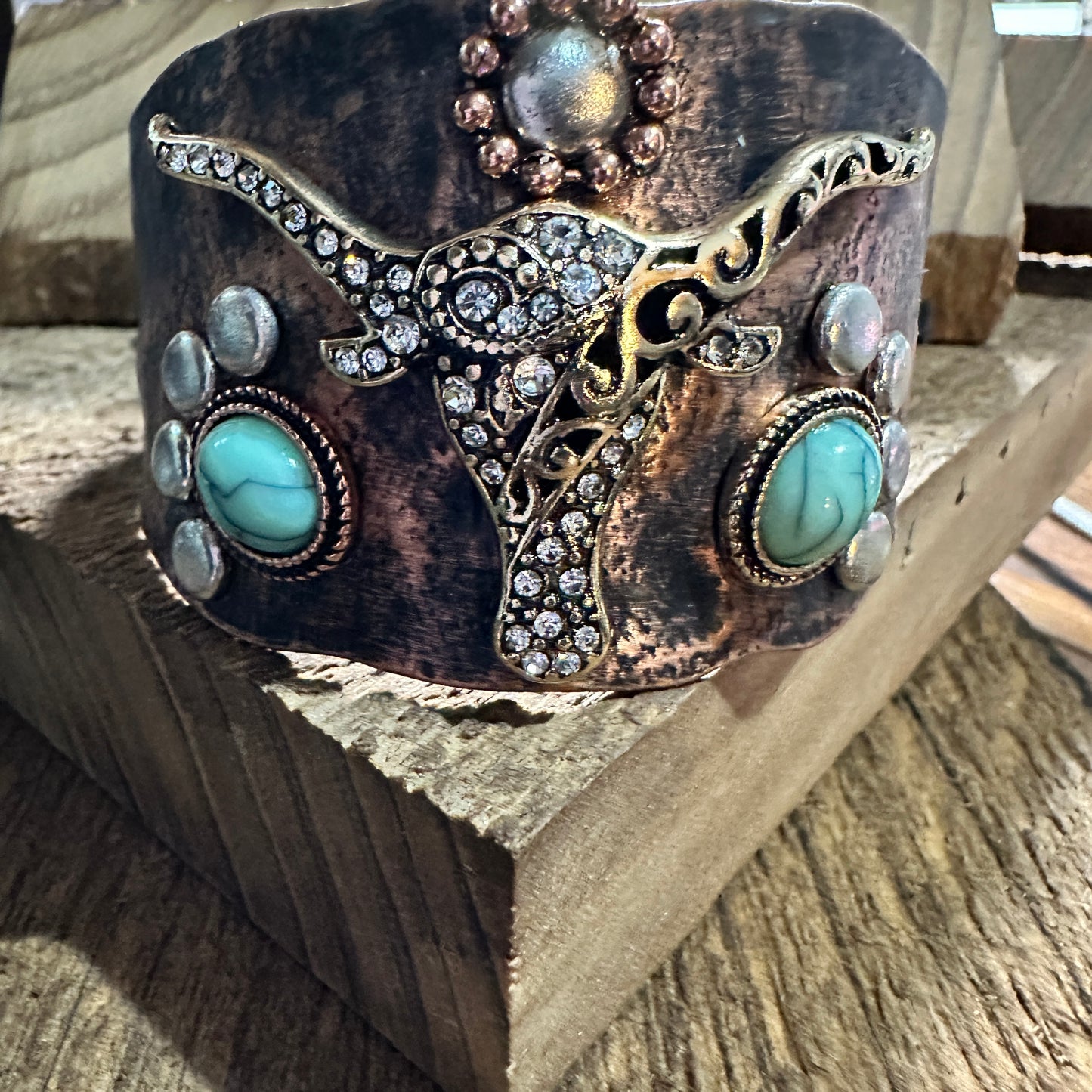 Longhorn Turquoise Western Cuff Bracelet with Adjustable Leather Straps Silver Elegant