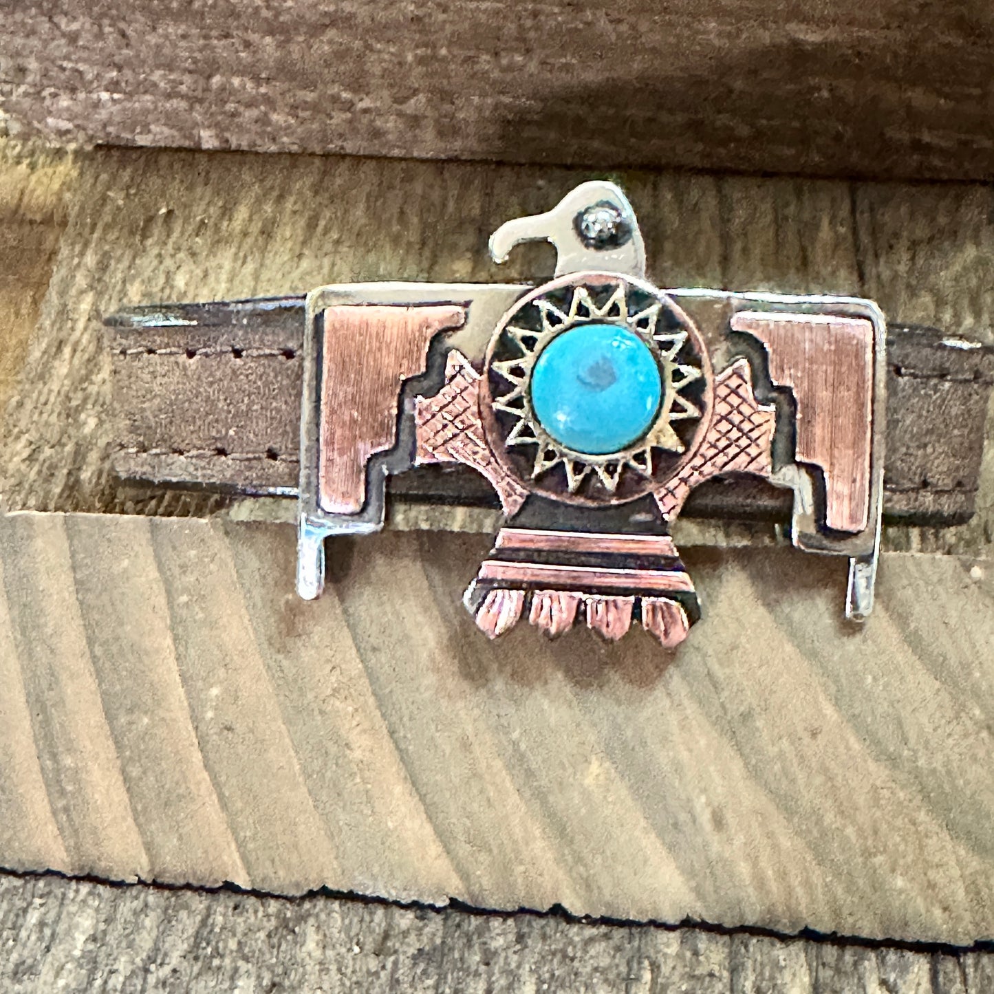 Leather Thunderbird Cuff Bracelet Kingman Turquoise Copper 8.3 Inch Silver Elegant