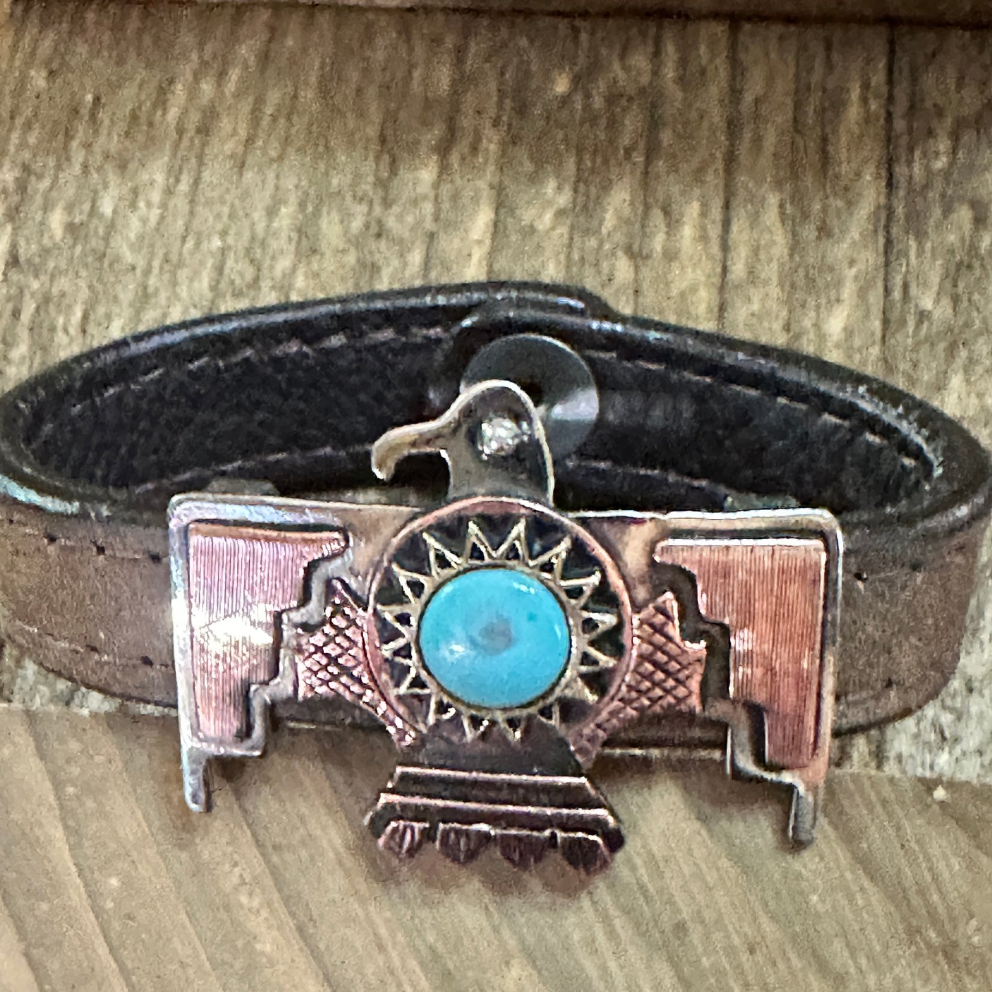 Leather Thunderbird Cuff Bracelet Kingman Turquoise Copper 8.3 Inch Silver Elegant