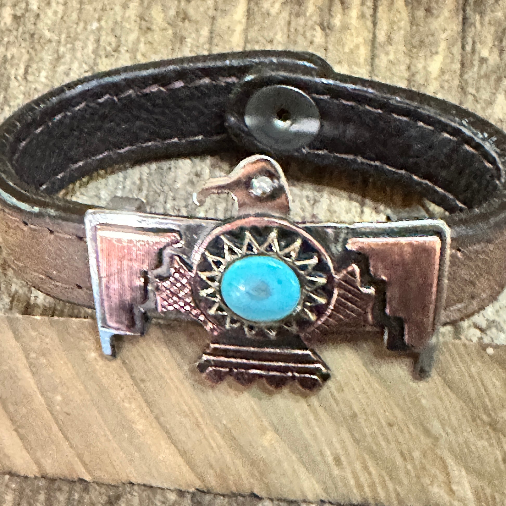 Leather Thunderbird Cuff Bracelet Kingman Turquoise Copper 8.3 Inch Silver Elegant