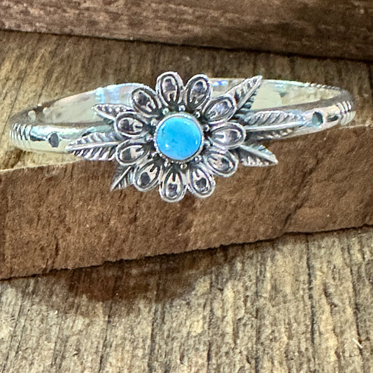 Handmade Flower Golden Hills Turquoise & Sterling Silver Cuff Bracelet, Natural Stone Silver Elegant