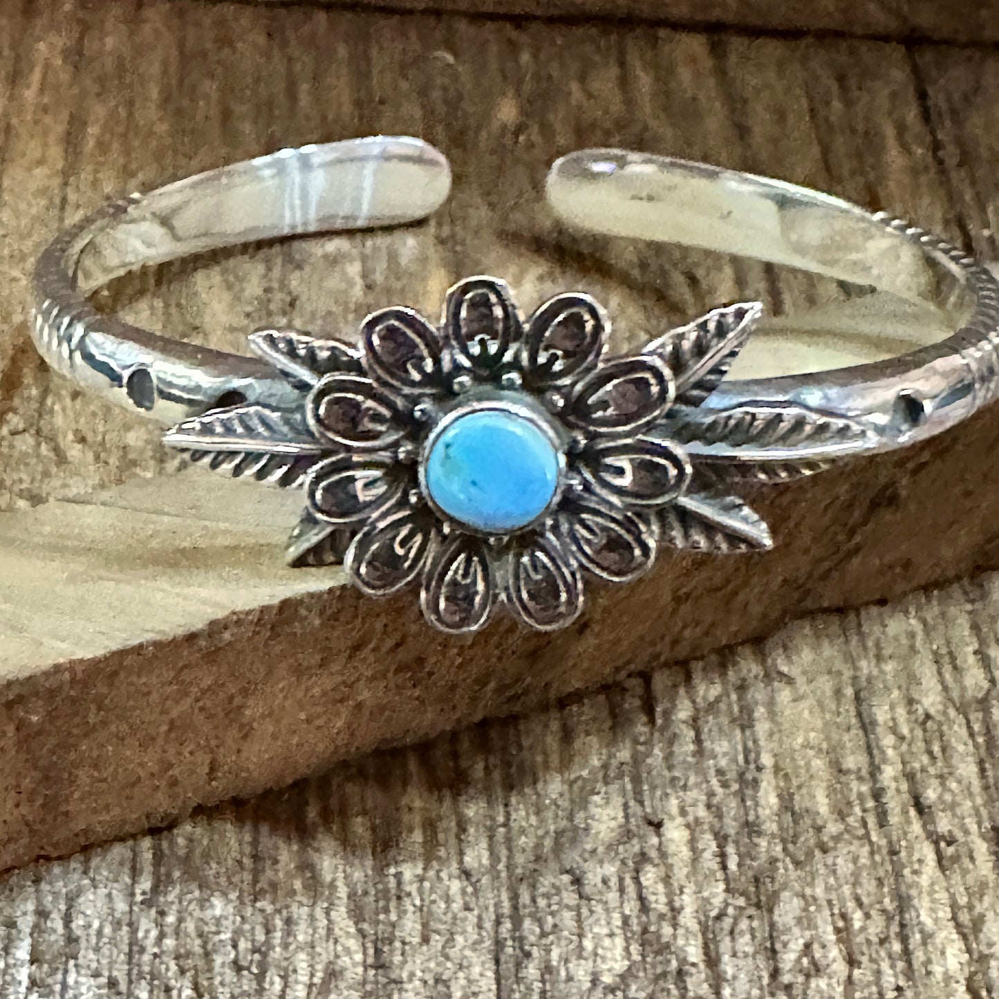 Handmade Flower Golden Hills Turquoise & Sterling Silver Cuff Bracelet, Natural Stone Silver Elegant