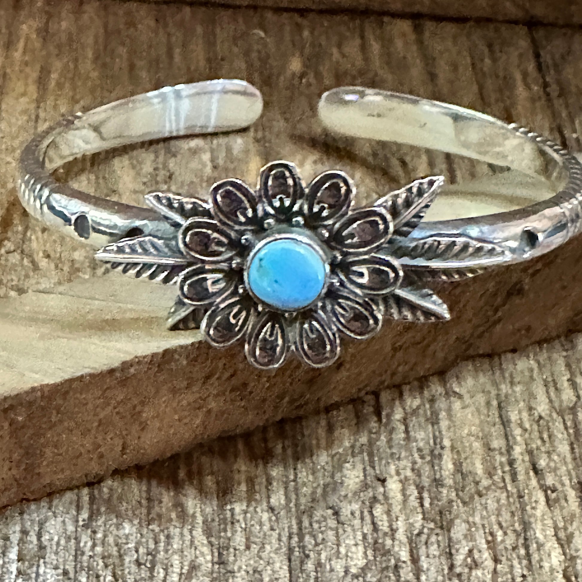 Handmade Flower Golden Hills Turquoise & Sterling Silver Cuff Bracelet, Natural Stone Silver Elegant