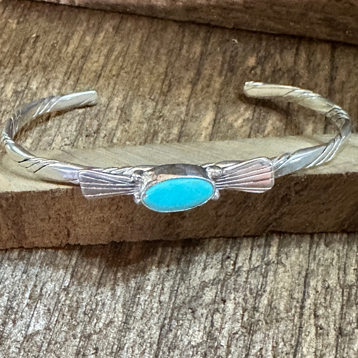 Navajo Style Sterling Silver & Kingman Turquoise Cuff Bracelet, Stamped Silver Elegant