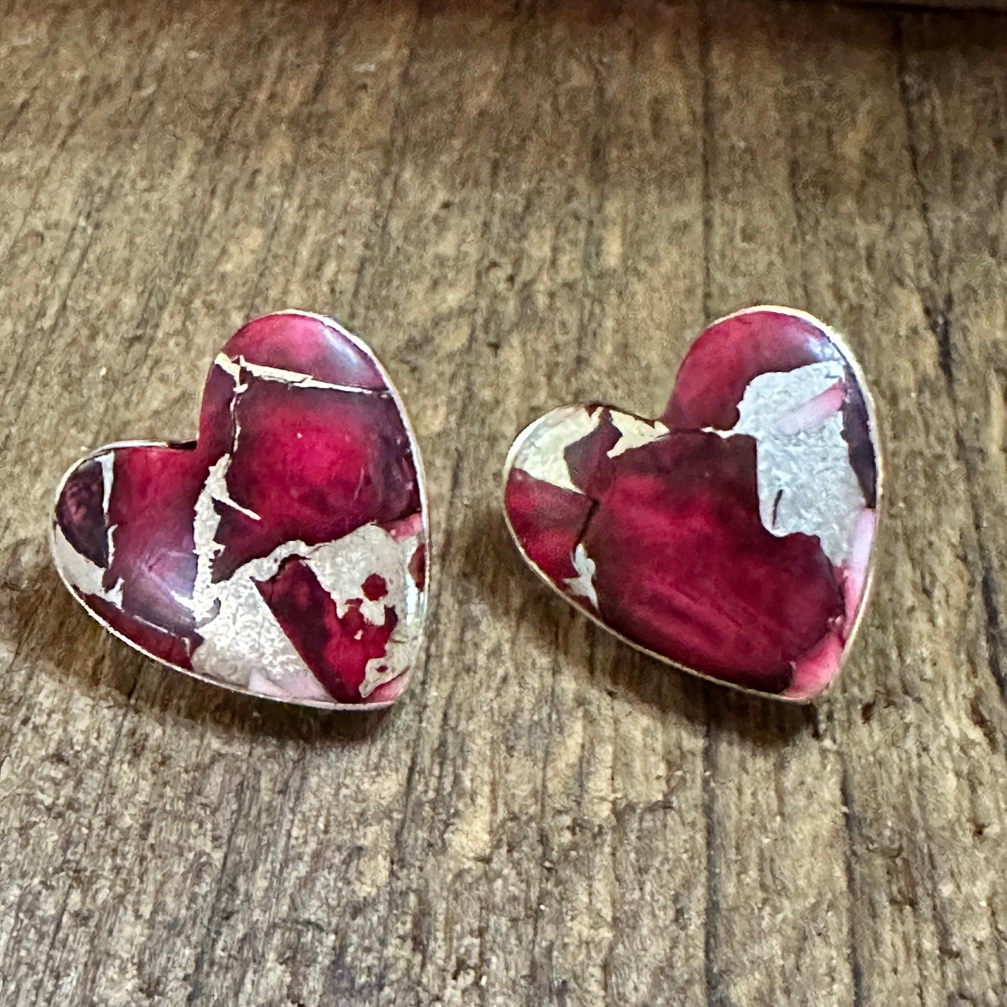 Handmade Dahlia Rose Heart Stud Earrings, Natural Stone, The Golden Collection Silver Elegant
