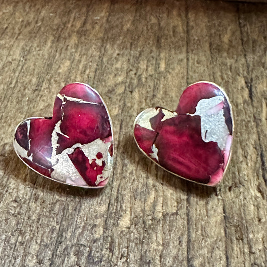 Handmade Dahlia Rose Heart Stud Earrings, Natural Stone, The Golden Collection Silver Elegant