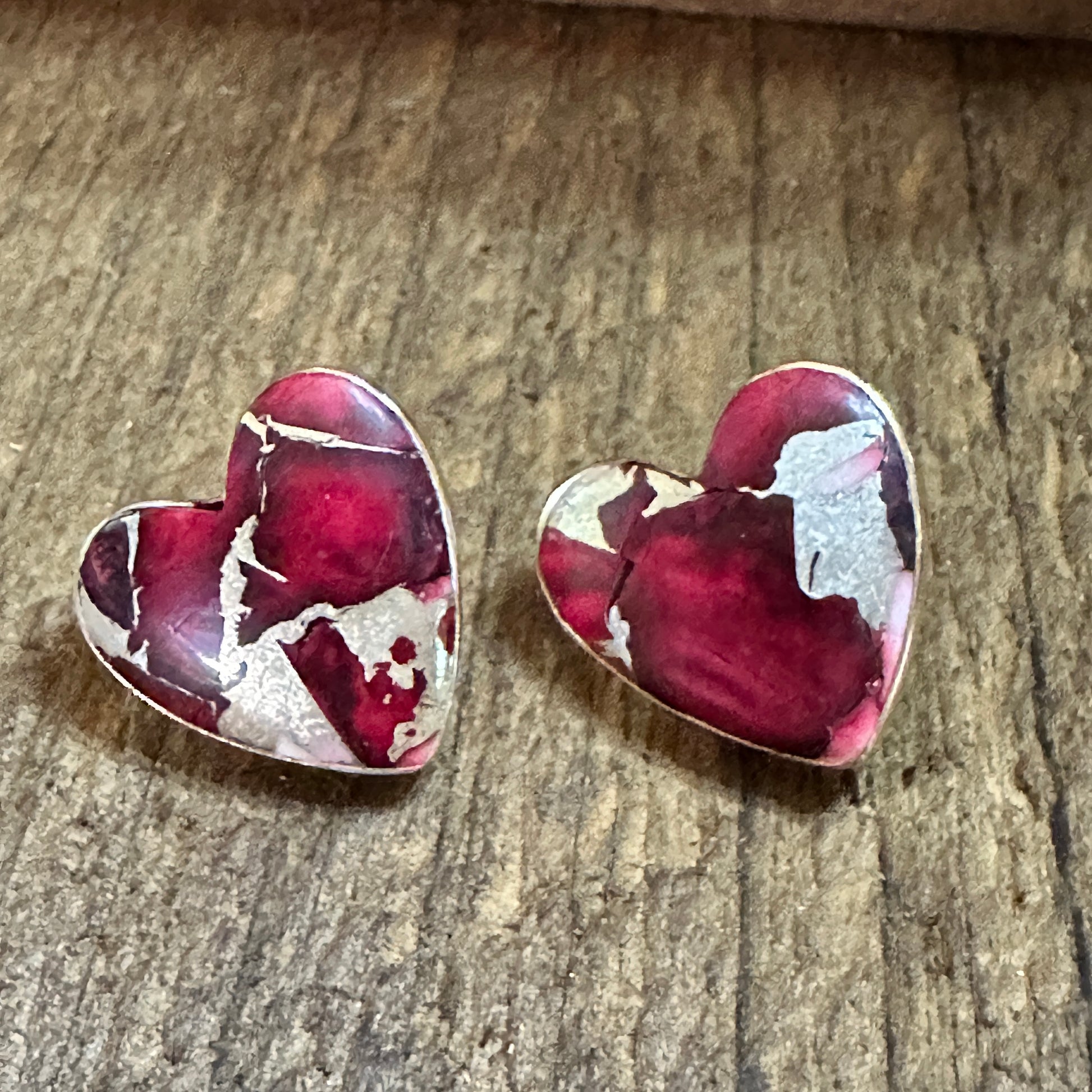 Handmade Dahlia Rose Heart Stud Earrings, Natural Stone, The Golden Collection Silver Elegant