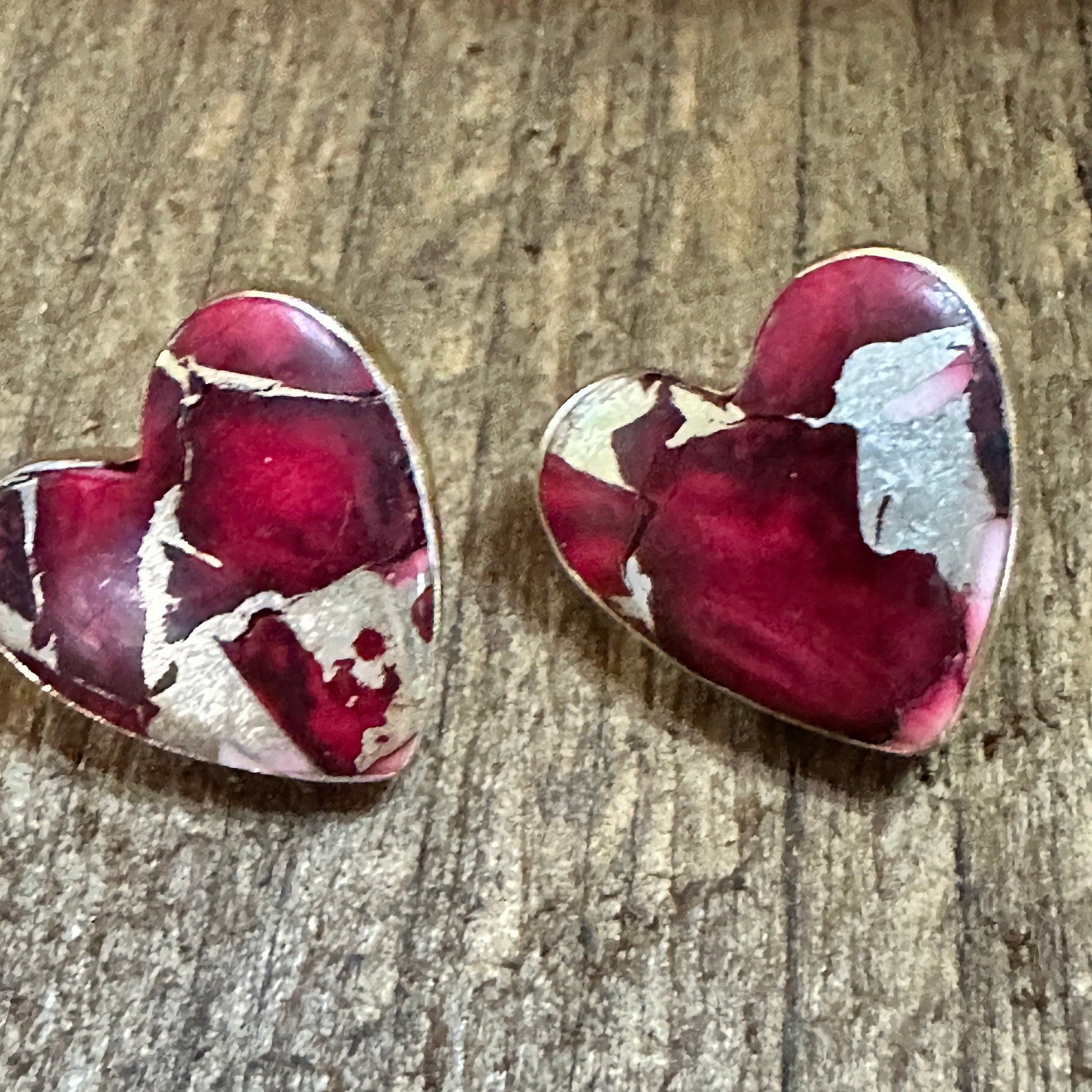 Handmade Dahlia Rose Heart Stud Earrings, Natural Stone, The Golden Collection Silver Elegant