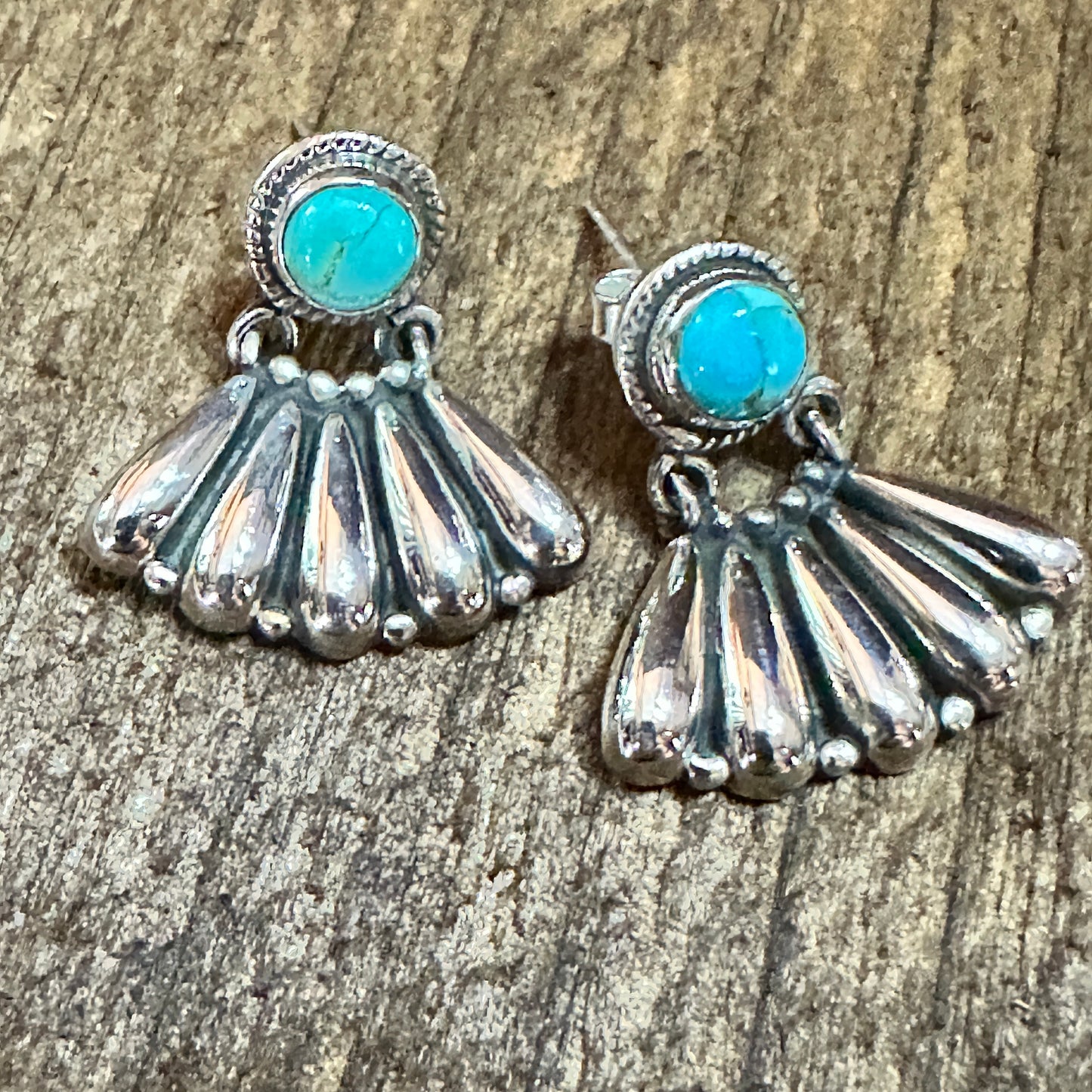 Handmade Kingman Turquoise Stud Earrings 925 Sterling Silver Signed Silver Elegant