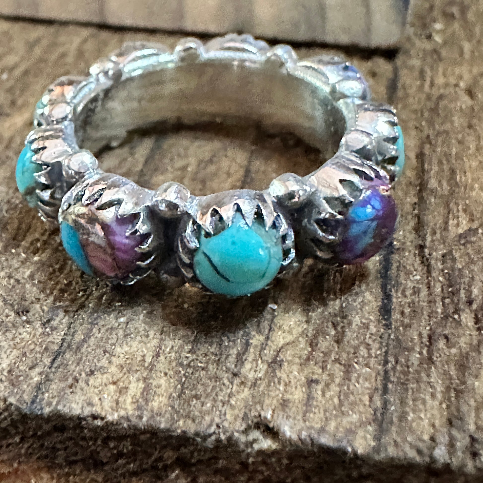 Pink Dream and Kingman Turquoise Sterling Silver Eternity Band Size 6 Silver Elegant